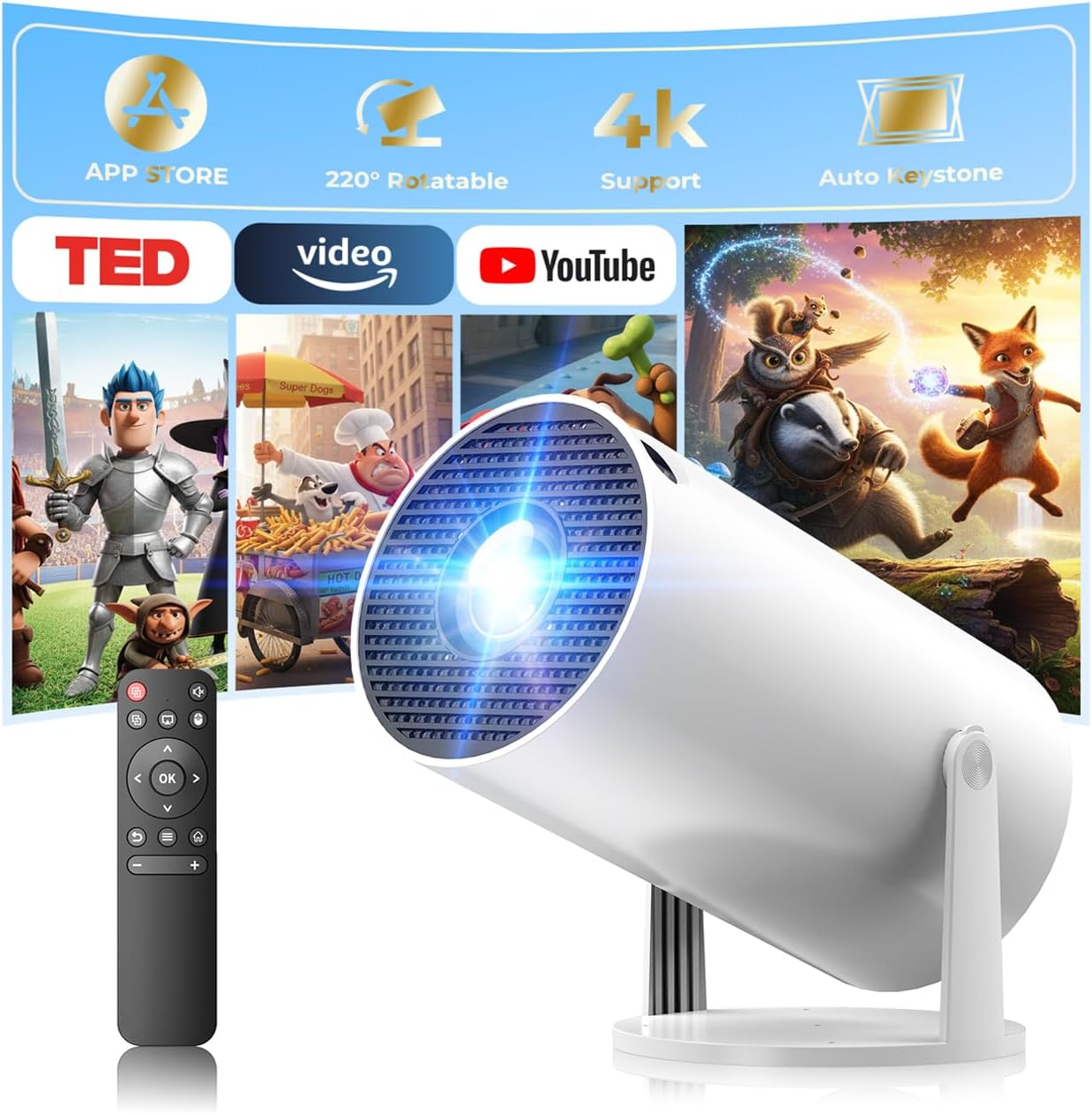 Mini Projector with WiFi and Bluetooth, Portable Projector Built-in Apps Support 4K 1080P Auto Keystone 220° Rotatable Small Projectors Compatible with HDMI/TV Stick/iPhone/Laptop for Bedroom Wall