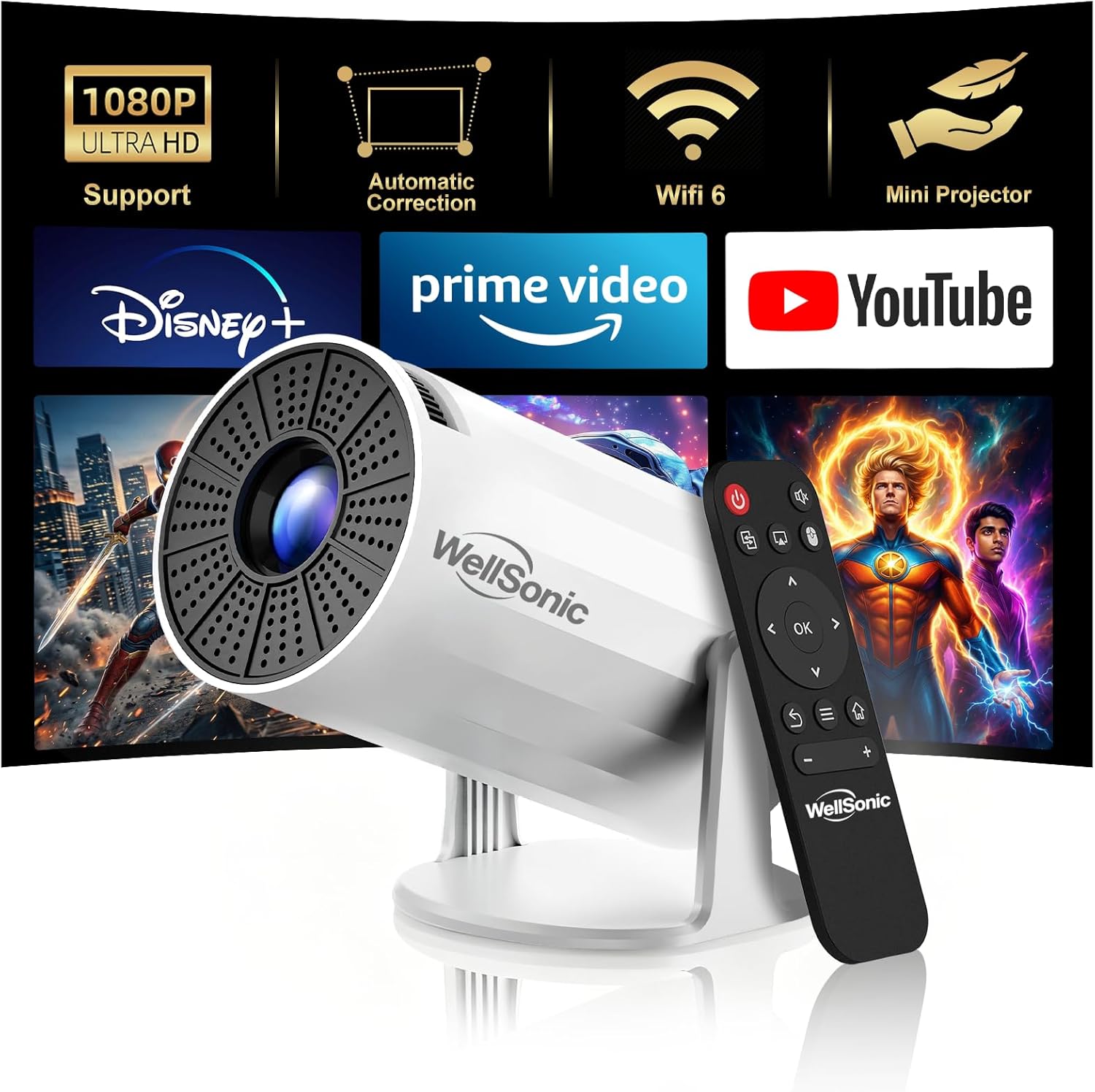 Mini Projector with WiFi and Bluetooth, Portable Movie Projector Supports 1080P, Auto Keystone, 210° Rotation, 130'' Screen Smart Projector Compatible with HDMI Phone for Bedroom