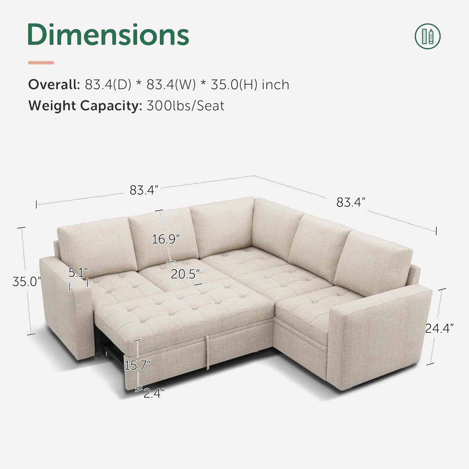 HONBAY Modular Sectional Sofa with Pull Out Bed Convertible L-Shaped Couch with Storage Seat Sleeper Sectional Couches for Living Room, Mid Beige