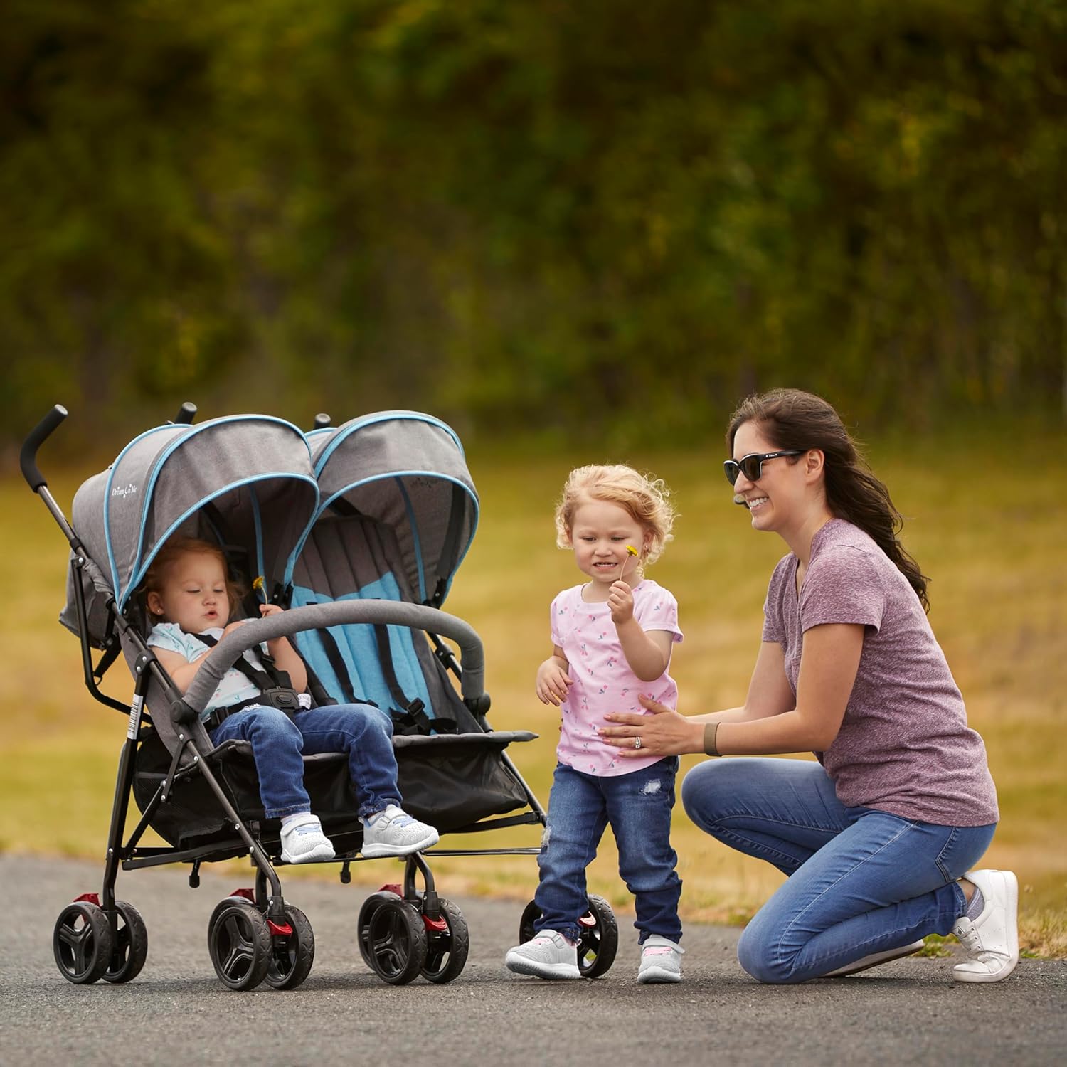 Dream On Me Volgo Twin Baby Stroller, Lightweight Side-by-Side Double Umbrella Stroller with Adjustable Canopy, 5-Point Harness, Storage Basket & Travel-Friendly Fold – Black