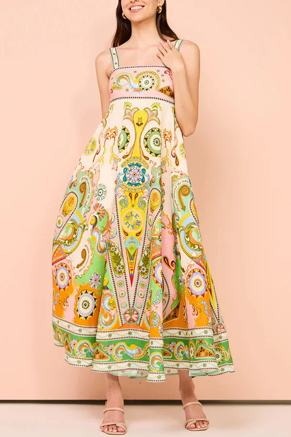Graffiti Print Sleeveless Bow Large Swing Cotton Linen Dress