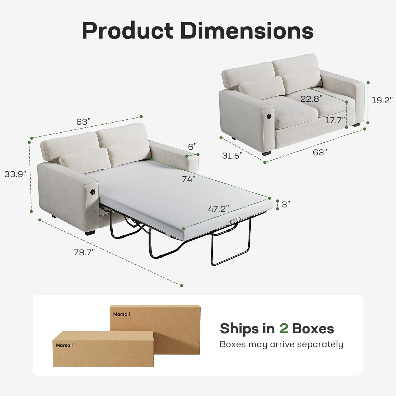 Marsail Pull Out Sofa Bed, Full Size Sleeper Sofa with Memory Foam Mattress, 2 USB Charging Ports and Removable Covers, Loveseat for Living Room, Apartment, Supports 600 LBS, Chenille Fabric, White
