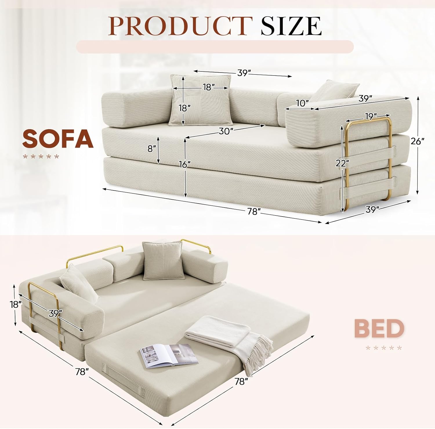 Antetek Modular Couch Bed, Convertible Folding Plush Corduroy Comfy Floor Memory Foam Compression Loveseat Sleeper Sofa Couch, King Size Bed for Guest Room Living Room Bedroom, No Assembly, Cream