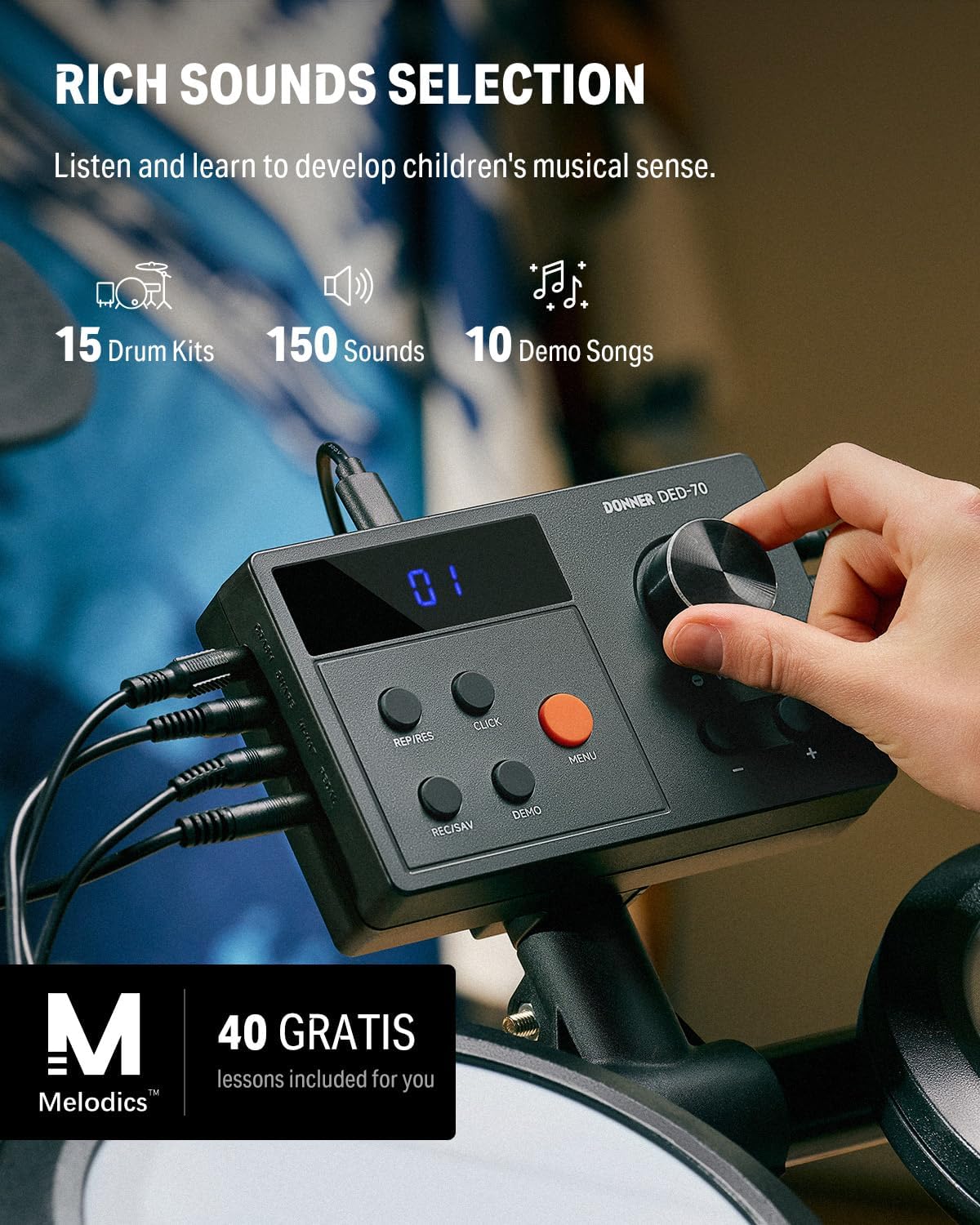 Donner Electric Drum Set, DED-70 Electronic Drum Kit for Beginners with 150 Sounds, 4 Quiet Mesh Pads, 9