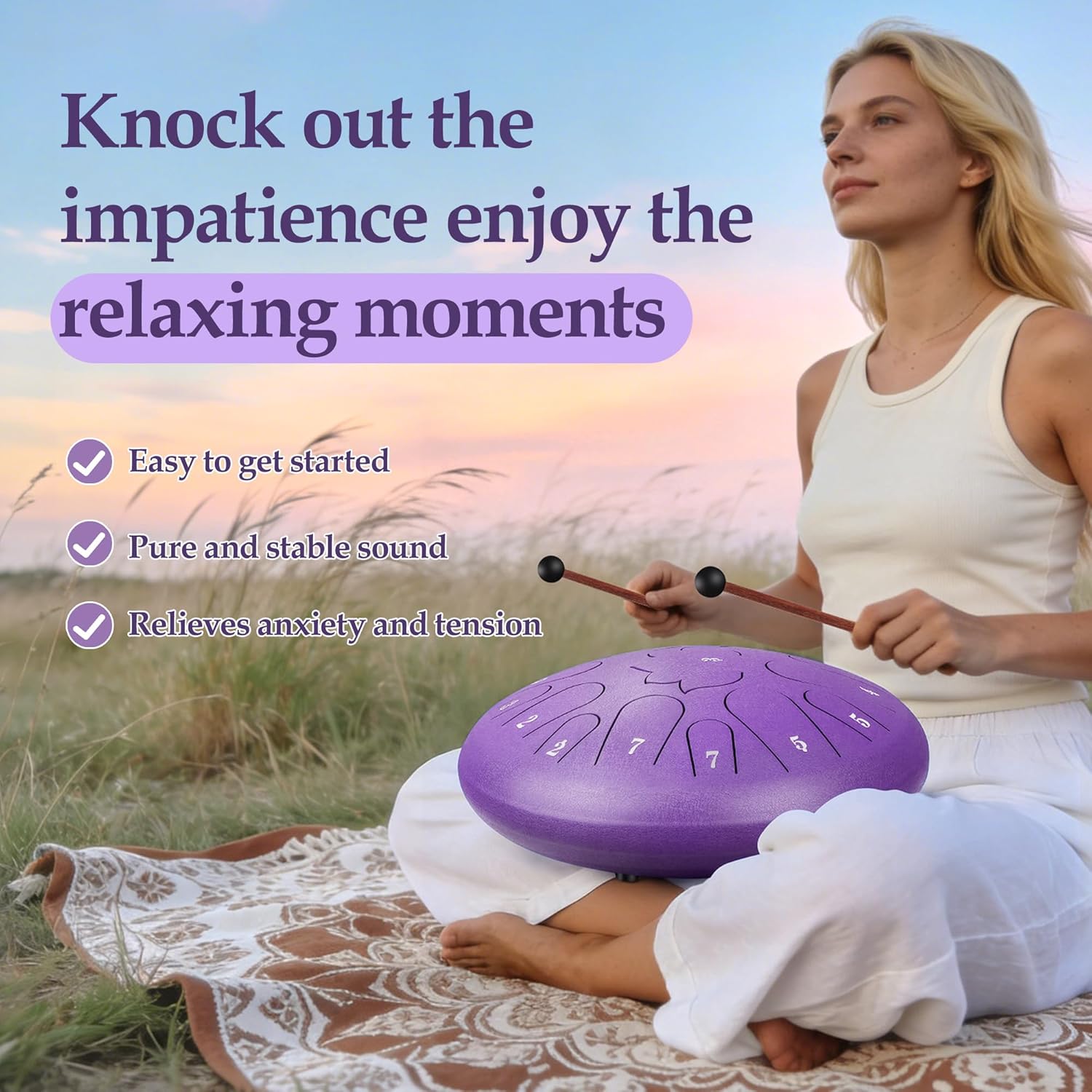 Rain Drum for Outside - 15 Note 12 Inch Steel Tongue Drum - Handpan Drum for Meditation and Beginners with Music Book, Rain Drum Mallet, and Carrying Bag (Purple, 12 inch)