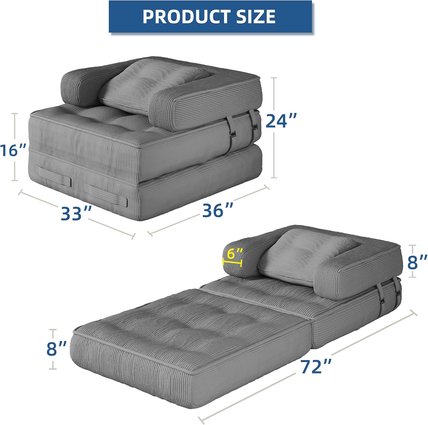 Folding Sofa Bed - Adults Convertible Sleeper Chair for Living Room, Bedroom, Grey
