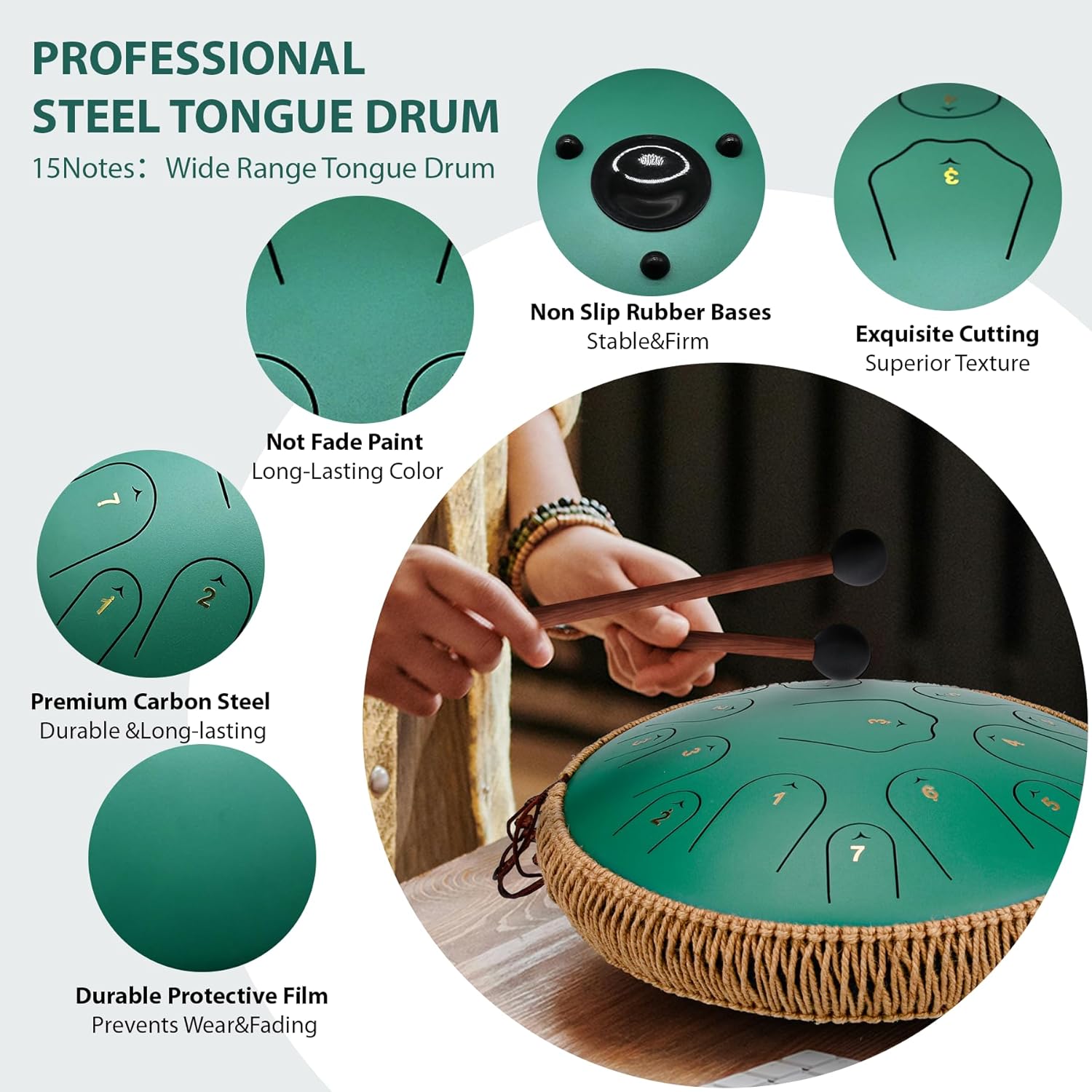 Steel Tongue Drum-14 Inch 15 Notes Tongue Drums, Steel Drum Instrument for Adults, Handpan Drums with Music Book, Handpan Drum Mallet, and Carry Bag, C Major (Green)