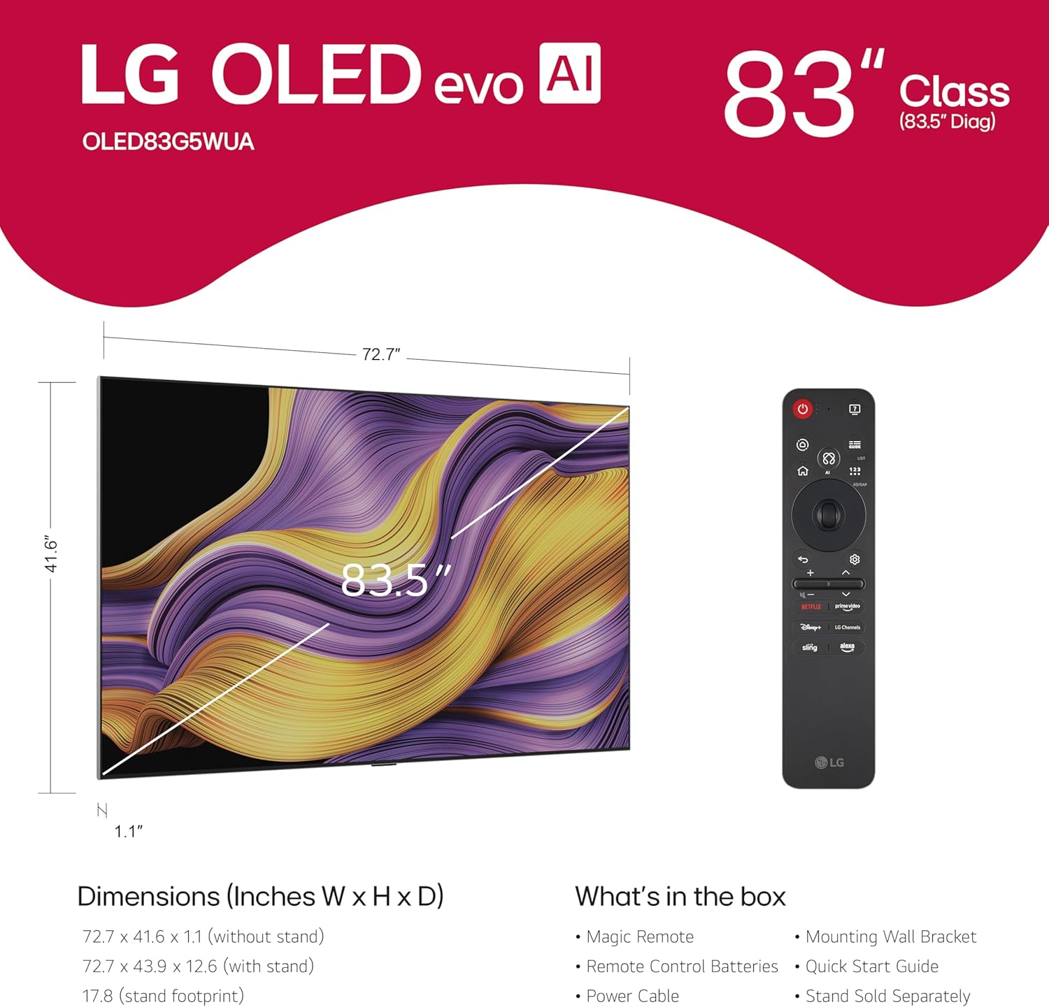 LG (Refurbished) 83-Inch Class OLED evo AI 4K G5 Series Smart TV w/Dolby Atmos, Dolby Vision, HDR10, AI Super Upscaling 4K, Filmmaker Mode, Wow Orchestra, Alexa Built-in (OLED83G5WUA, 2025) (Renewed)