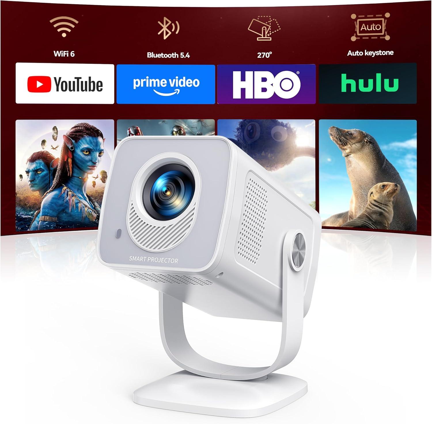 Mini-Projector with WiFi6 and Two-Way Bluetooth5.4, 1080P 4K Support, [Built-in Apps & 2026 Android 14] Portable Outdoor Movie Projector for Bedroom, Auto Keystone & 270° Rotation for Phone/HDMI/USB