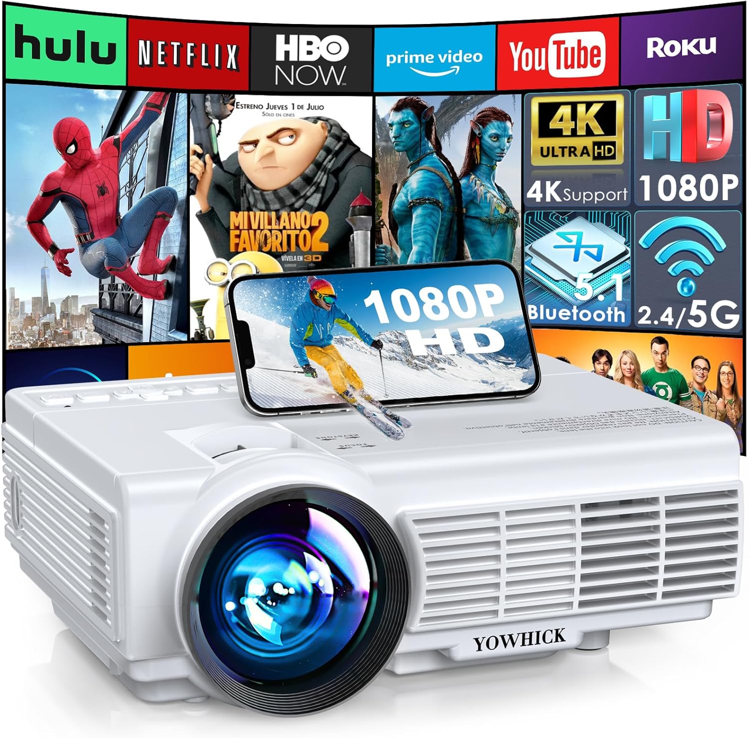 Projector with WiFi and Bluetooth, Portable Mini Projector by YOWHICK with 5G WiFi, Native 1080P 9500L and 4K Support for HDMI, VGA, USB, Laptop, Indoor & Outdoor Use