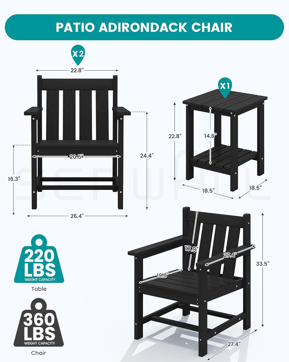 SEWRWALL 3 Pieces Patio Bistro Set, All Weather Adirondack Chair Set with Side Table, HDPE Material Outdoor Patio Furniture Set for Balcony, Porch, Garden, Backyard - Black