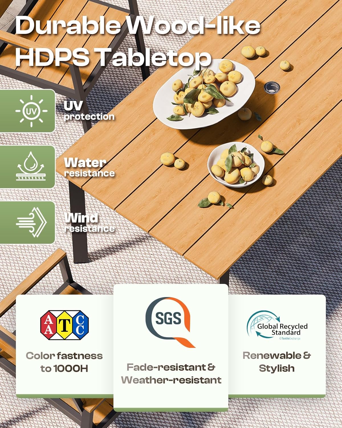 Outdoor Dining Set, Patio Table and Chairs Set with Umbrella Hole, 7 Pieces HDPS + Aluminum Patio Dining Furniture Set for Backyard, Garden (Gray & Teak)