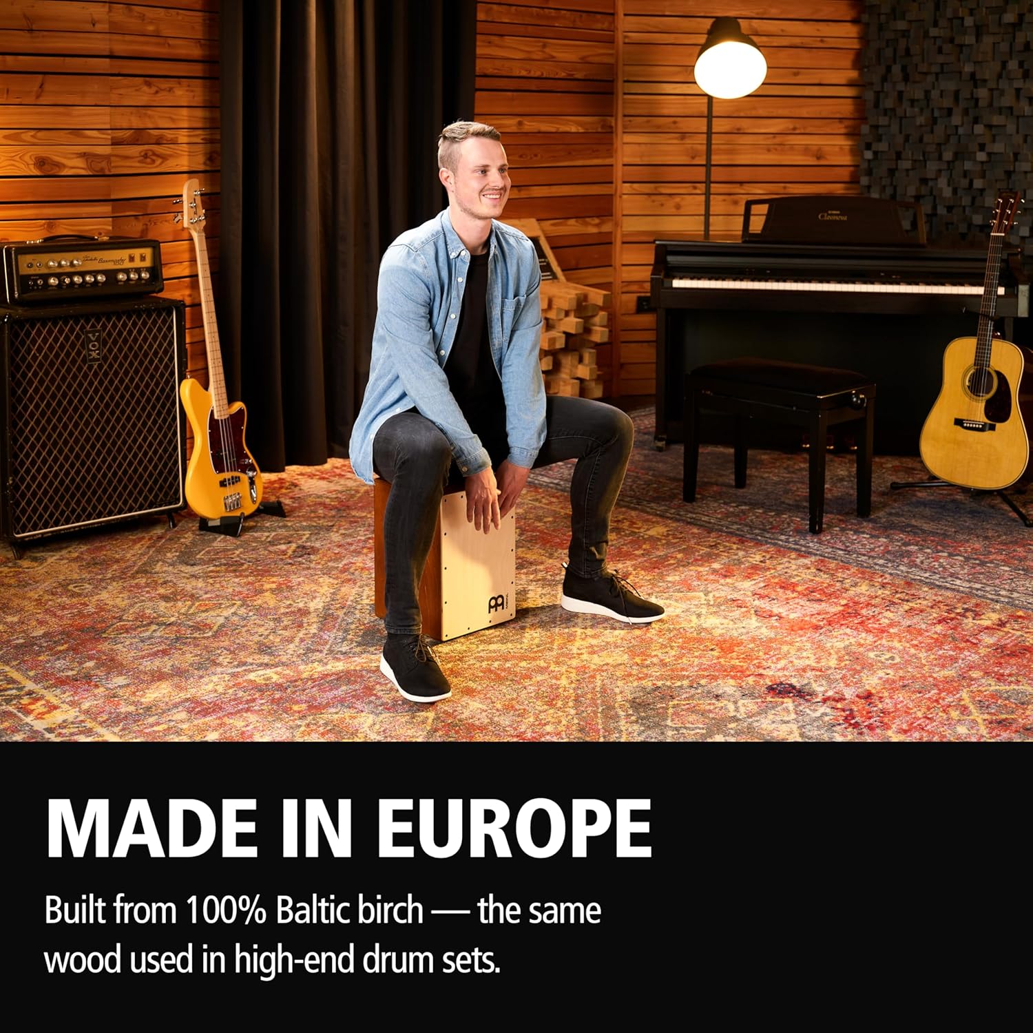 Jam Cajon Box Drum with Snare and Bass Tone for Acoustic Music — MADE IN EUROPE — Baltic Birch Wood, Play with Your Hands, 2-YEAR WARRANTY