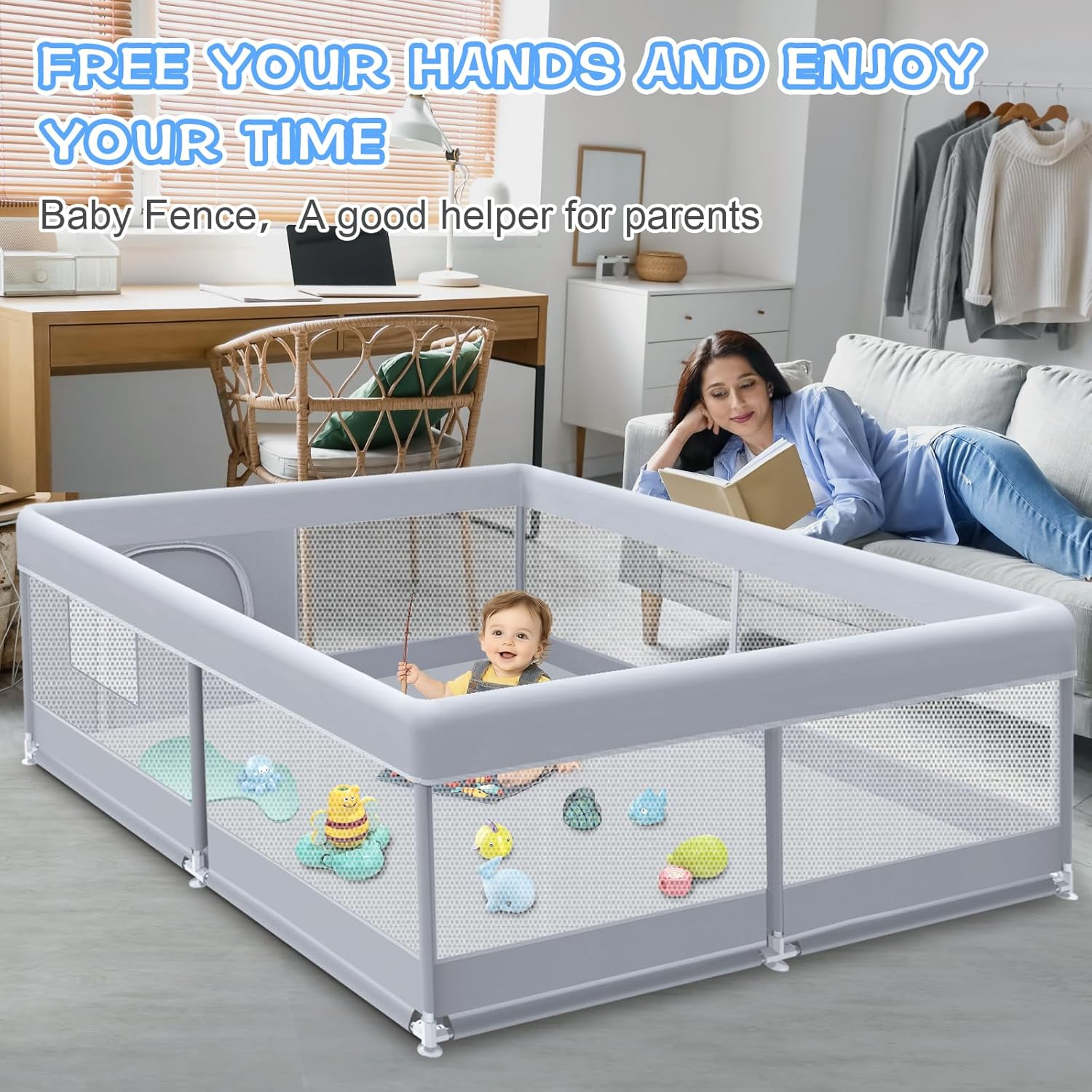 XVISHX Baby Playpen 50 x 50 Inch Play Pen Playards, Playpen for Babies and Toddlers, Baby Playard for Indoor & Outdoor Active Center Game Fence, with Skin-Friendly Fabric and Soft Breathable Mesh Grey