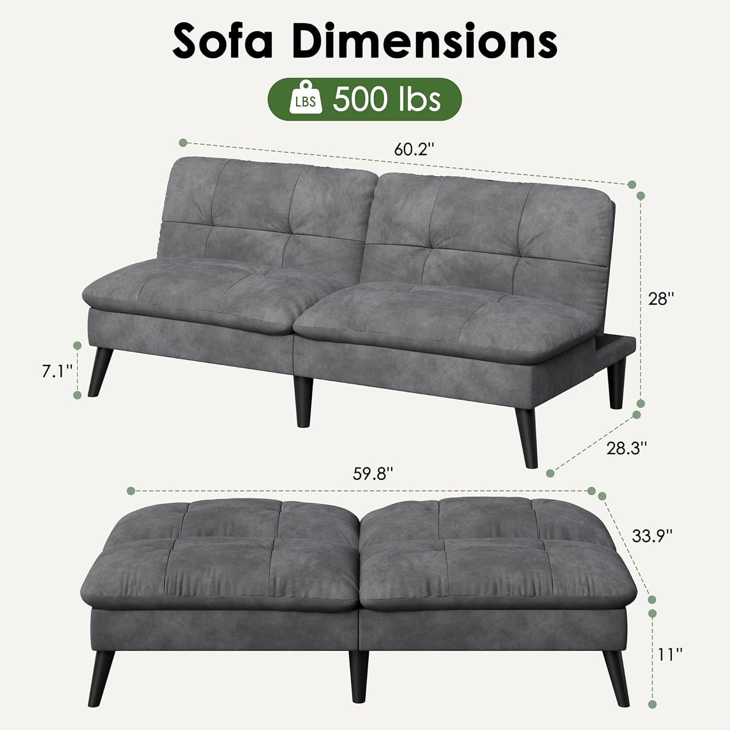 Vongrasig Futon Sofa Bed Velvet Futon Couch with Adjustable Backrest, Small Convertible Folding Sleeper Sofa Bed, Modern Loveseat for Living Room, Bedroom and Small Space, Gray