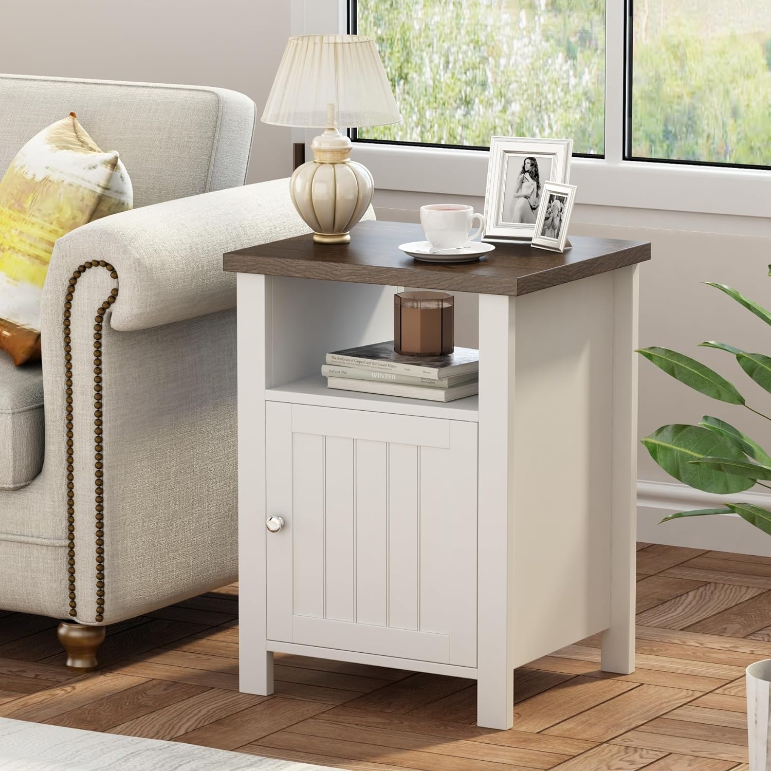 ChooChoo Farmhouse Nightstands Set of 2, Rustic Vintage End Side Table with Storage and Open Shelf, Small Bedside Tables for Bedroom, White
