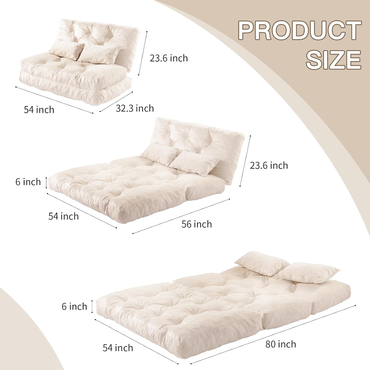 Folding Sofa Bed, Convertible Sleeper Chair with Pillow, Foldable Mattress with Back Support, Portable Fold Out Chair Bed, Comfy Floor Sofa Lounge for Living Room Bedroom, Beige Full 80x54 Inch