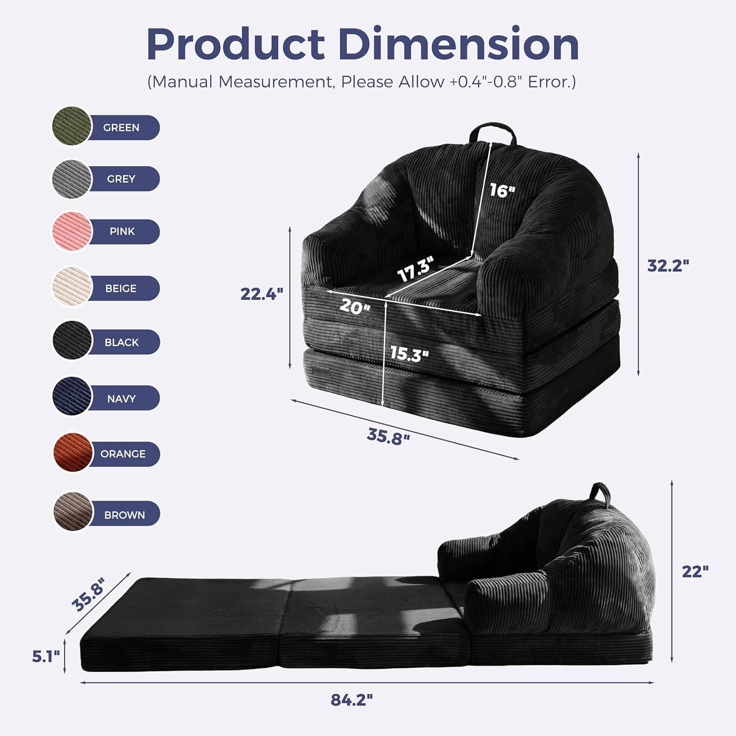 MAXYOYO Folding Sofa Bed with Backrest, Boneless Fold Out Couch Bed with Handle, 2 in 1 Convertible Bean Bag Chair to Floor Sofa Lounger, Comfortable Folding Couch for Bedroom & Living Room, Black