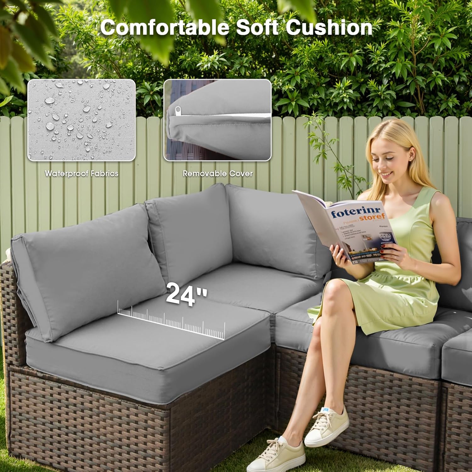5 Piece Patio Furniture Set with Fire Pit Table, Outdoor Sectional Sofa PE Rattan, Patio Conversation Sets with Cushions for Garden Lawn Balcony Porch Deck Grey