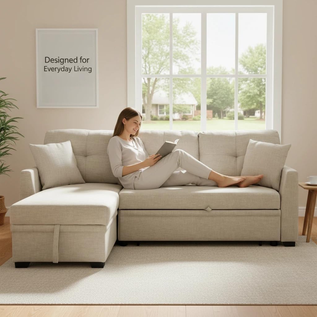Sectional Sleeper Sofa with Pull Out Bed, L Shape Convertible Couch with Storage Chaise, Comfy Sleeper Couch, 2 in 1 Pull Out Sofa Bed with 2 Seats, for Living Room, Apartment, Beige