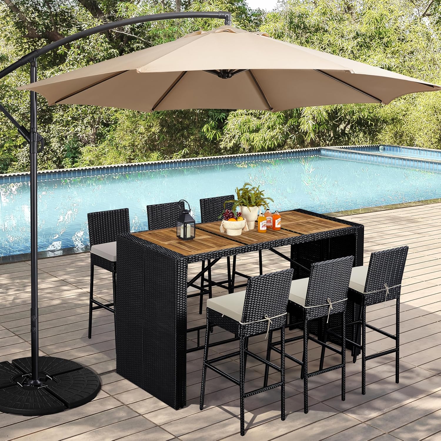 Yaheetech 7 Piece Patio Dining Set Outdoor Acacia Wood Bar Table and Chairs with Removable Cushions, Wicker Furniture Set for Deck, Backyard, Garden, Black/Beige