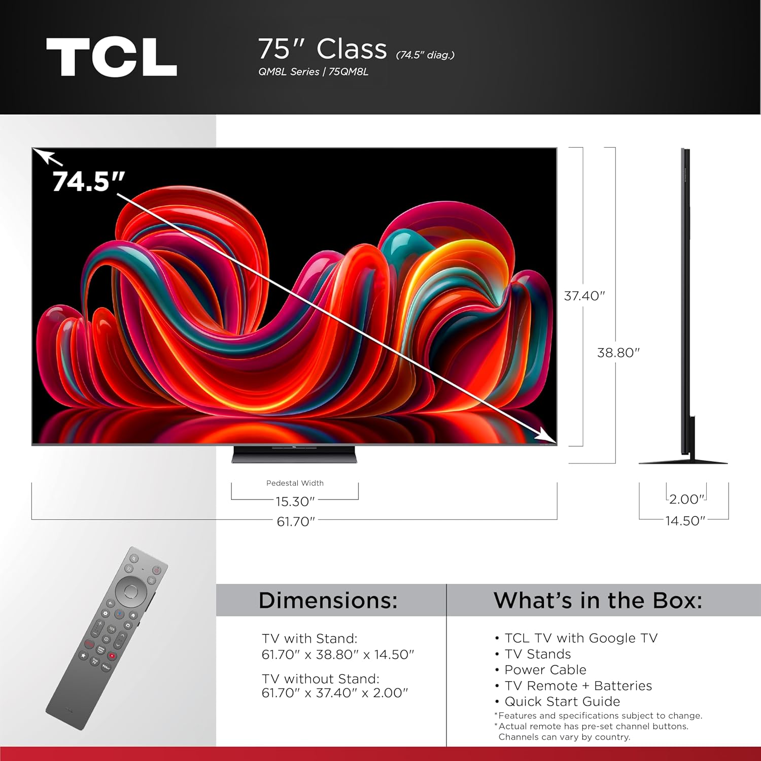 TCL 75 Inch Class QM8L Series| SQD-Mini-LED QLED Smart TV| 75QM8L, 2026 Model| 144Hz| Ultimate Color Brightness & Contrast| Google AI Bang & Olufsen| Voice Control Gaming Streaming Television