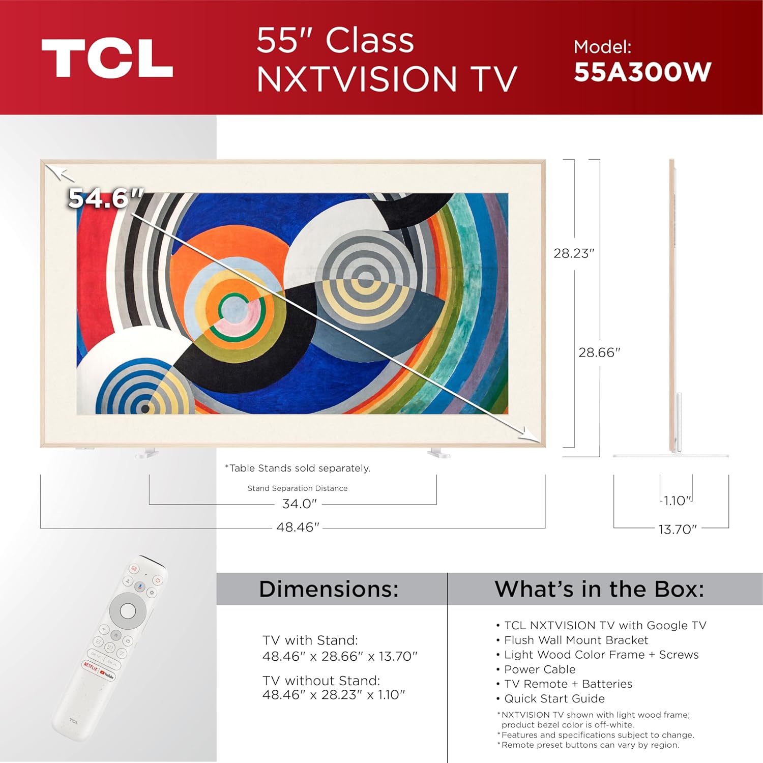 TCL 55 Inch Class NXTVISION Series Picture Frame Canvas Art TV| 55A300W, 2024 Model| QLED 4K HDR Smart Google TV| 120HZ Dolby Atmos Audio| Voice Remote Alexa Google Apple Streaming Television