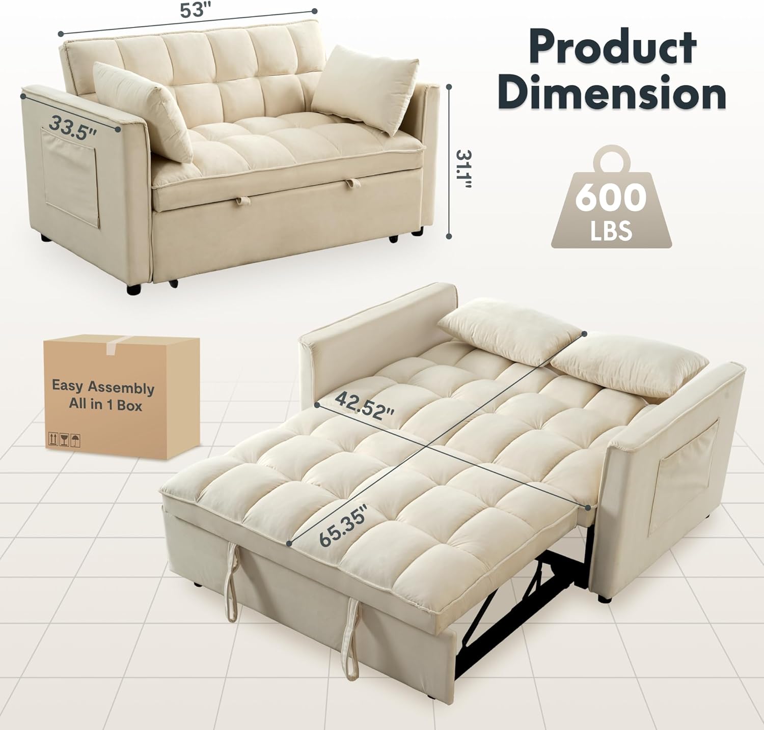 FLEXISPOT XCT4 Pull Out Couch, 3-in-1 Sleeper Sofa Bed with Adjustable Backrest, Loveseat Sleeper with Pillows & Side Pockets, Convertible Futon Couch for Small Spaces Guest Room Apartment, Cream