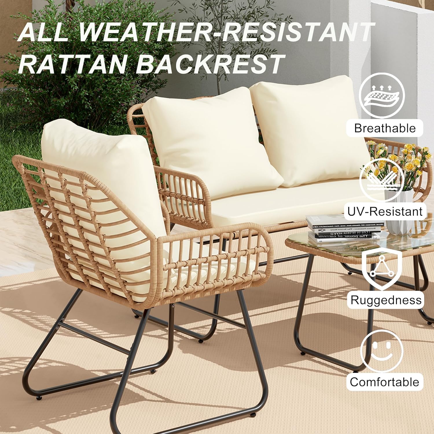 LEX CRAFT 4-Piece Wicker Outdoor Patio Furniture Set with Cushions & Tempered Glass Table, All-Weather Rattan Bistro Set with Loveseat Chairs and Soft Cushions for Garden, Porch, Backyard (Beige)