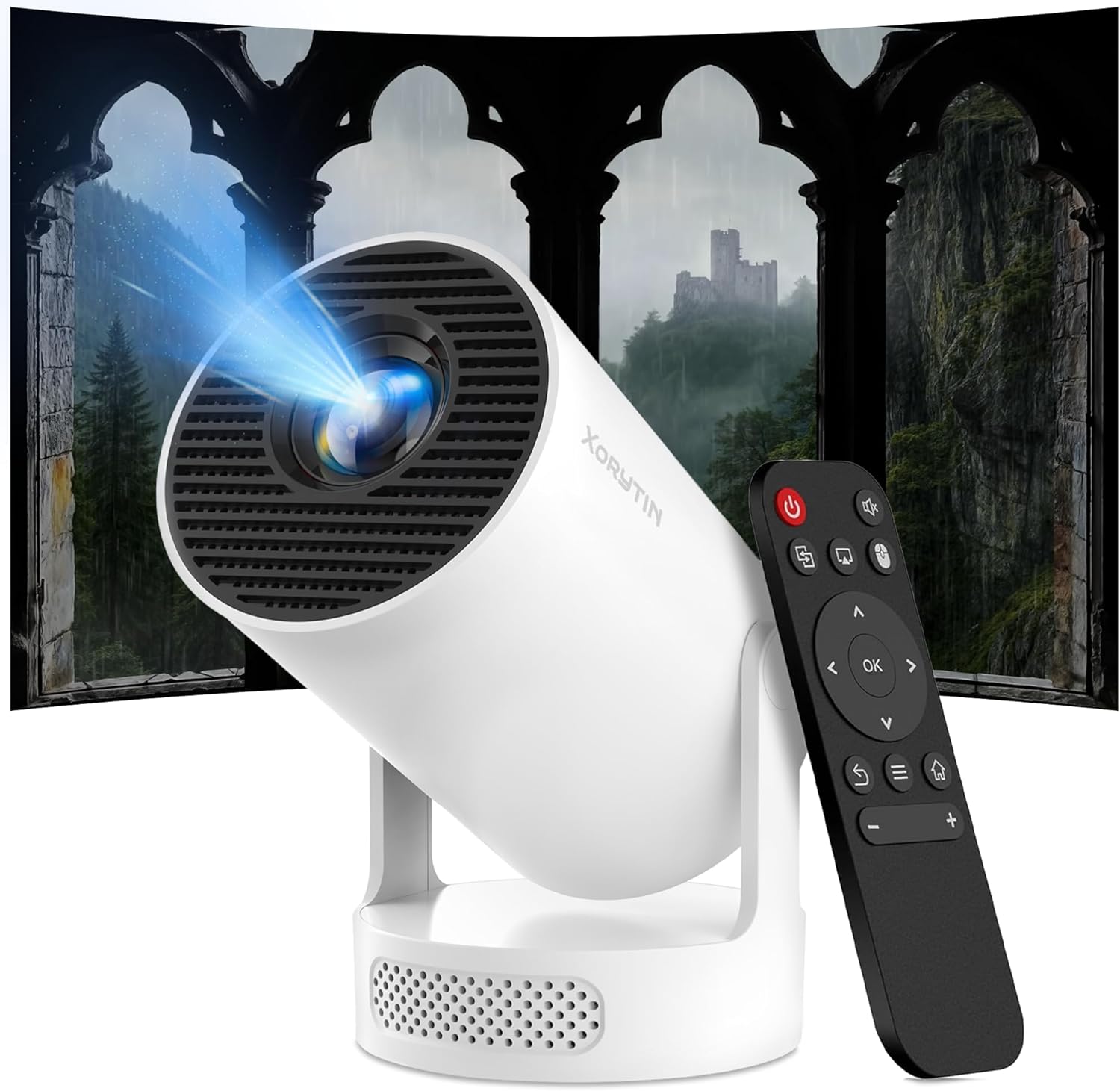 【Built-in Apps】Mini Projector with Wifi and Bluetooth, Supports 4K, Portable Projector, 5W Sound Base Speaker, 200 ANSI, Android, Auto Vertical Keystone 210° Rotatable Projector