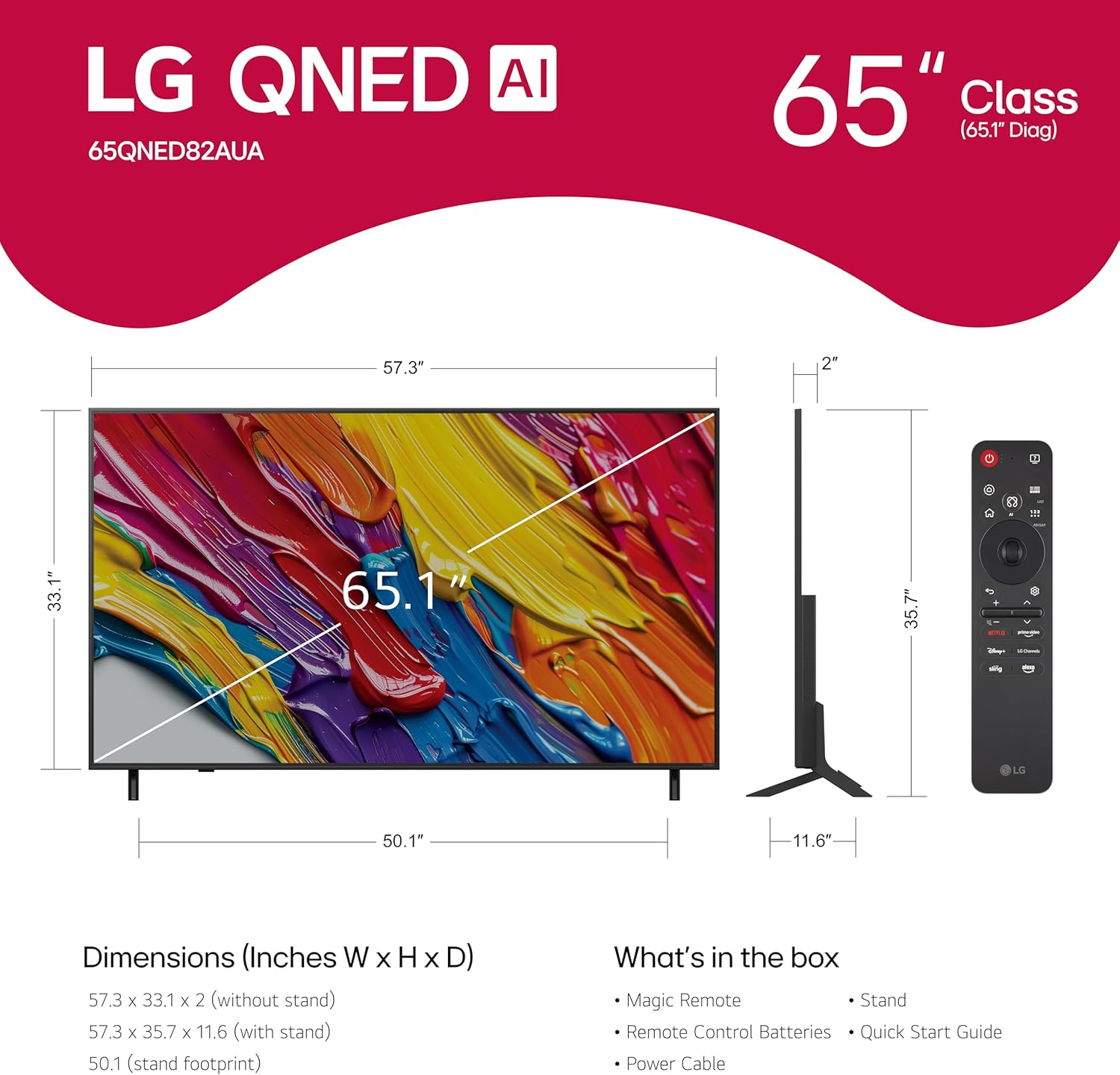 LG 65-Inch Class QNED QNED82A Series Smart TV w/AI Sound, HDR10, 4K Super Upscaling, Filmmaker Mode, Wow Orchestra, Alexa Built-in (65QNED82AUA, 2025)