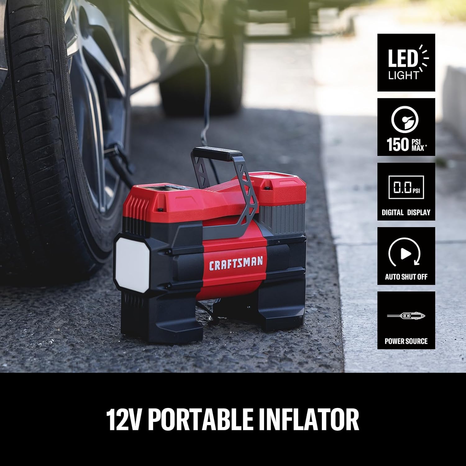 CRAFTSMAN 12V Tire Inflator Portable Air Compressor, Up to 150 PSI with Digital Gauge & Auto Shut-Off, LED Light, 12V DC Car Plug Compact Air Pump for Car Tires, Bikes & Sports