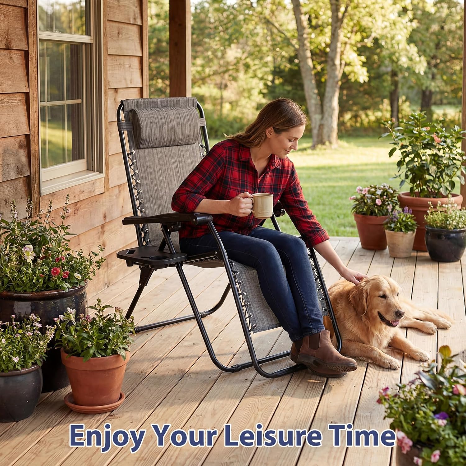 Sweetcrispy Zero Gravity Chairs, Set of 2 Portable Recliner Beach Camping Patio Outdoor Folding Lounge Chair with Cup Holder Trays and Adjustable Pillow for Poolside, Garden, Backyard, Lawn (Grey)