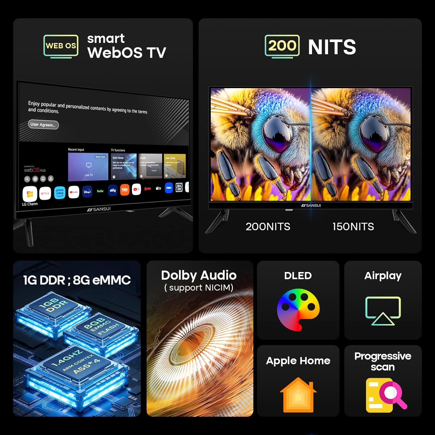 SANSUI 24 inch 768P DLED Smart WebOS TV| Small Television with Chromecast Built in| WebOS hub Compatible with HomeKit| Supports Airplay & WiFi Connection & Bluetooth 5.2 & 2 * 8w Speakers