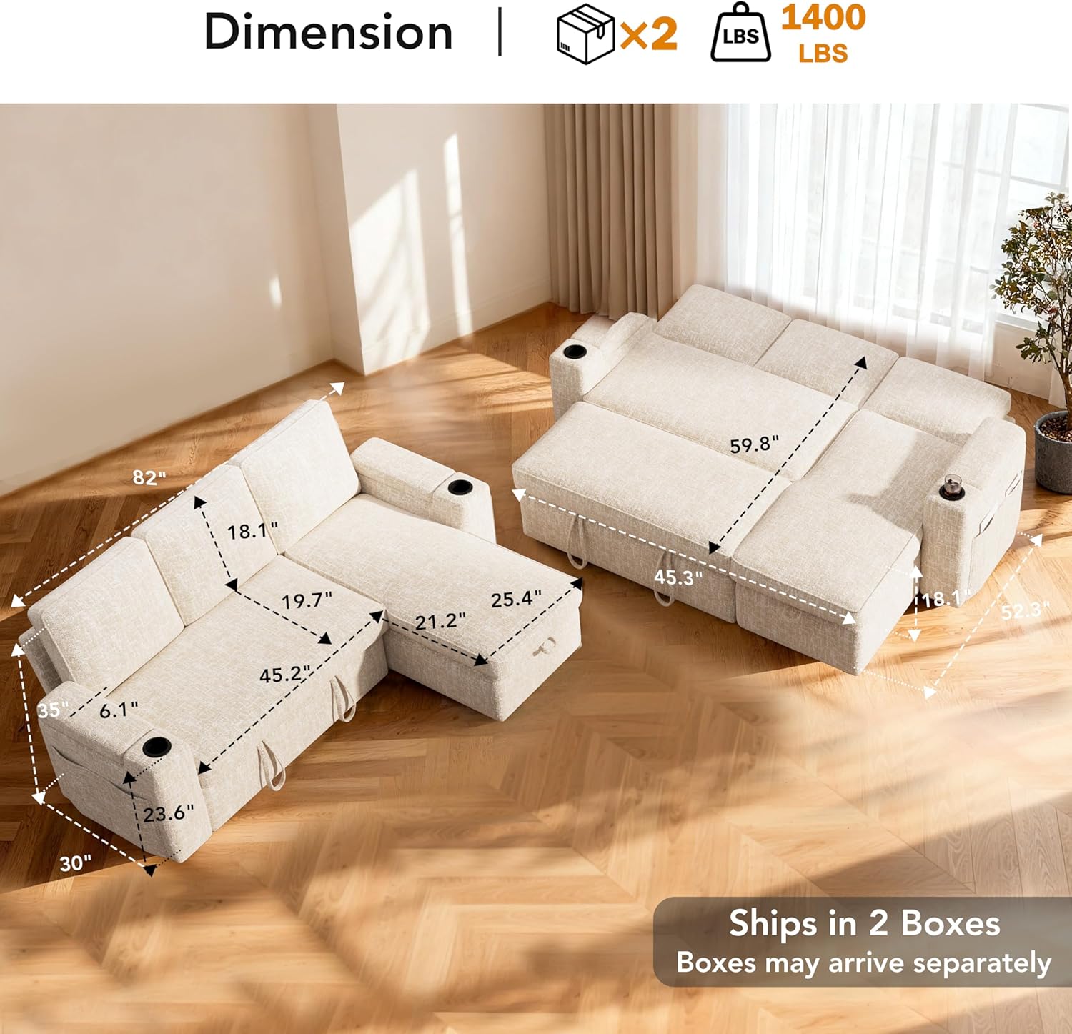 Sunny Heart L-Shaped Sleeper Sofa with Pull Out Bed, 82