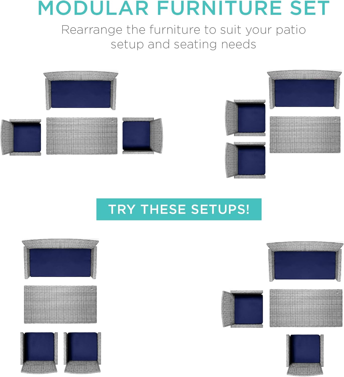 Best Choice Products 4-Piece Outdoor Wicker Patio Conversation Furniture Set for Backyard with Coffee Table, Seat Cushions - Gray/Navy