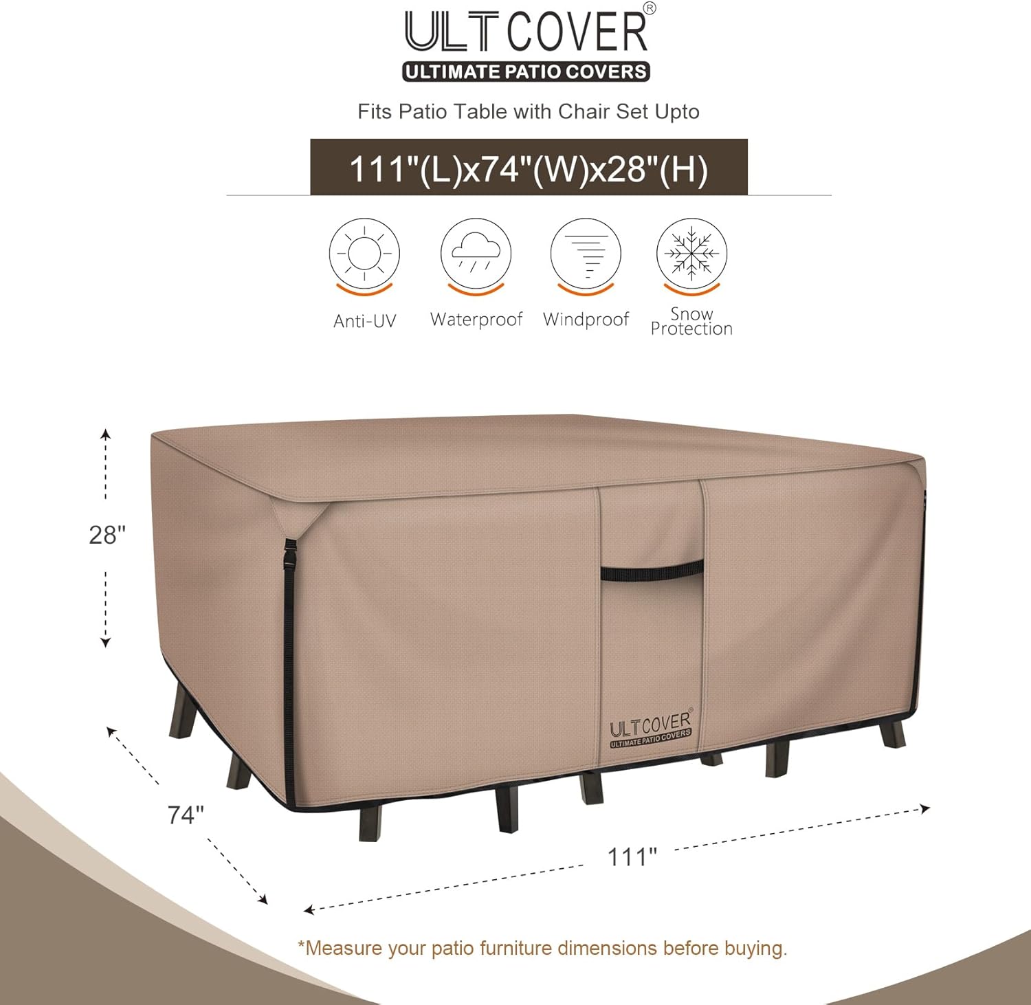 ULTCOVER Rectangular Patio Heavy Duty Table Cover - 600D Tough Canvas Waterproof Outdoor Dining Table and Chairs General Purpose Furniture Cover Size 111L x 74W x 28H inch