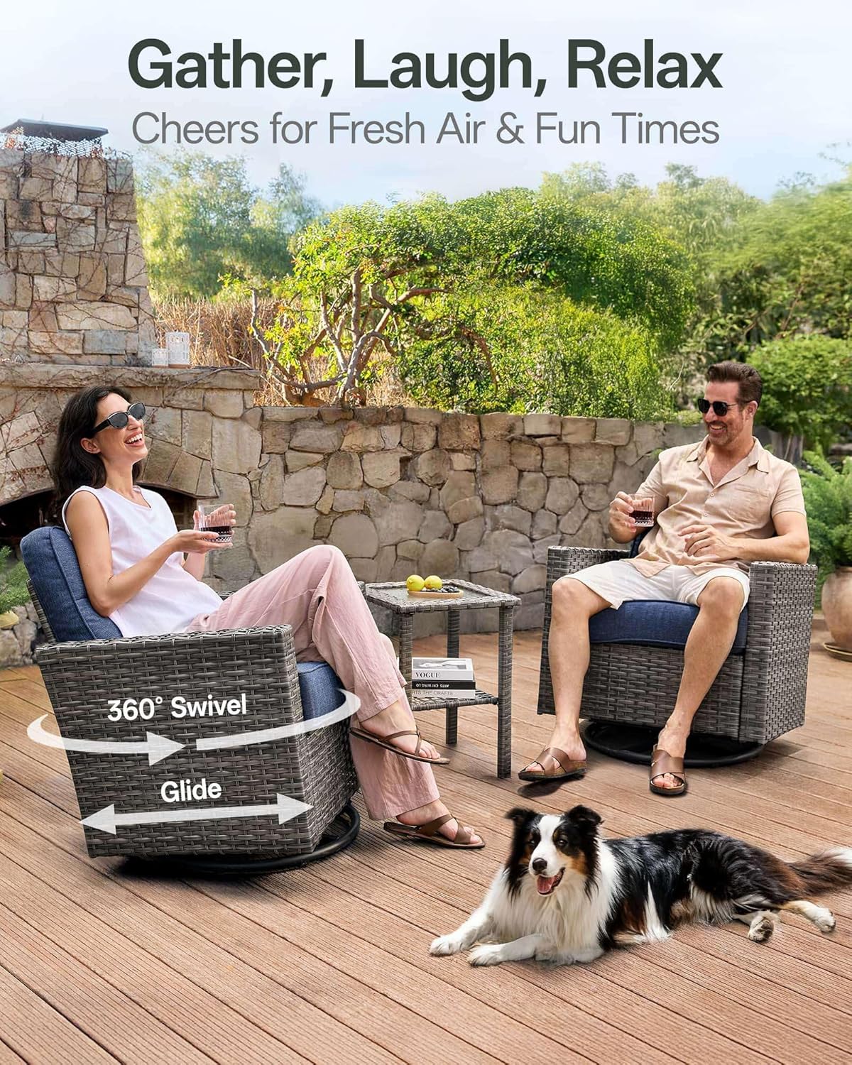 Luxury 3-Piece Patio Furniture Set with 6-Inch Thick Cushions, Outdoor Swivel Rocker Chair Set, Wicker Conversation Set for Porch, Deck, Balcony, Yard in Blue