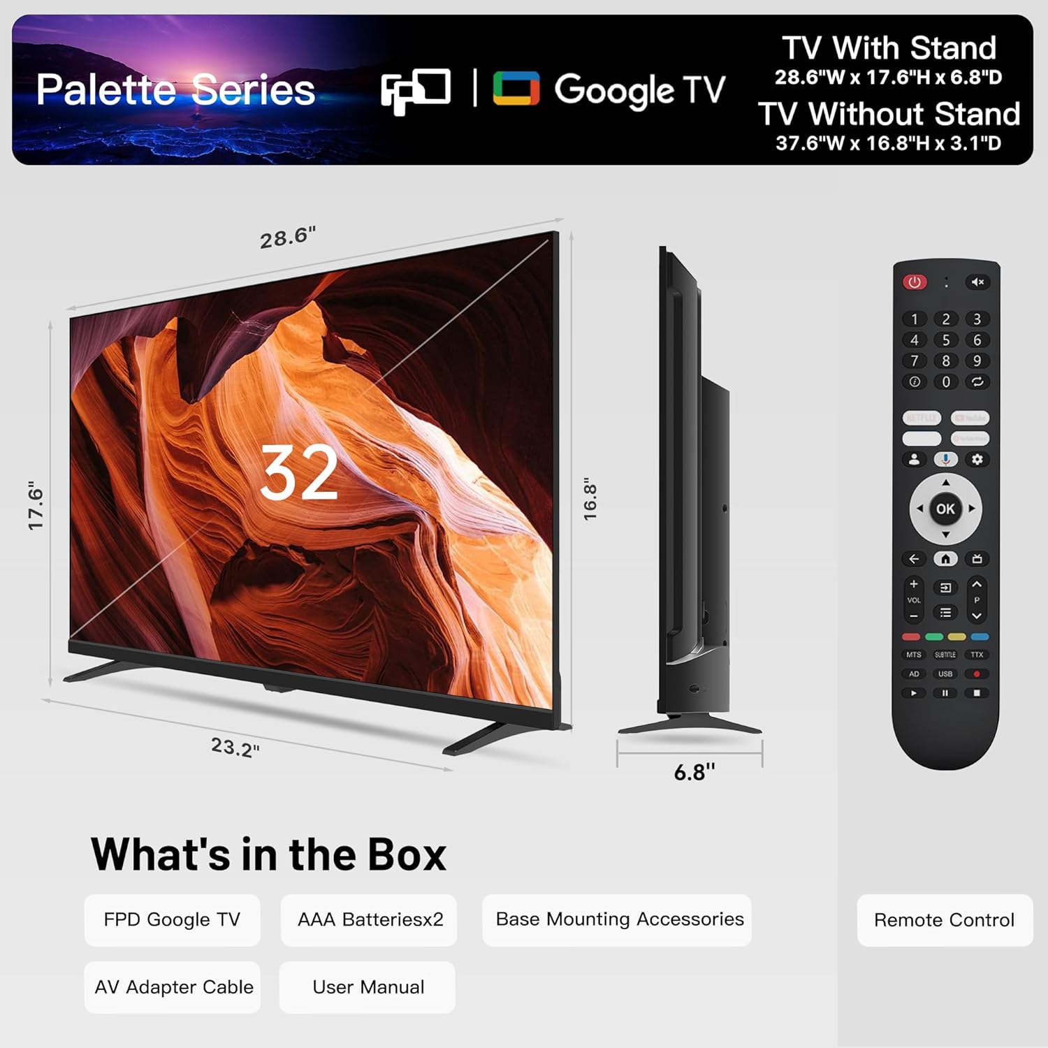 FPD 32-inch Smart TV Google TV HD 720p with Google Play and Google Cast Built-in, HDR 10, Dolby Audio, Voice Remote, Stream Live TV (Palette-Series, CG32-P3, 2024 Model)