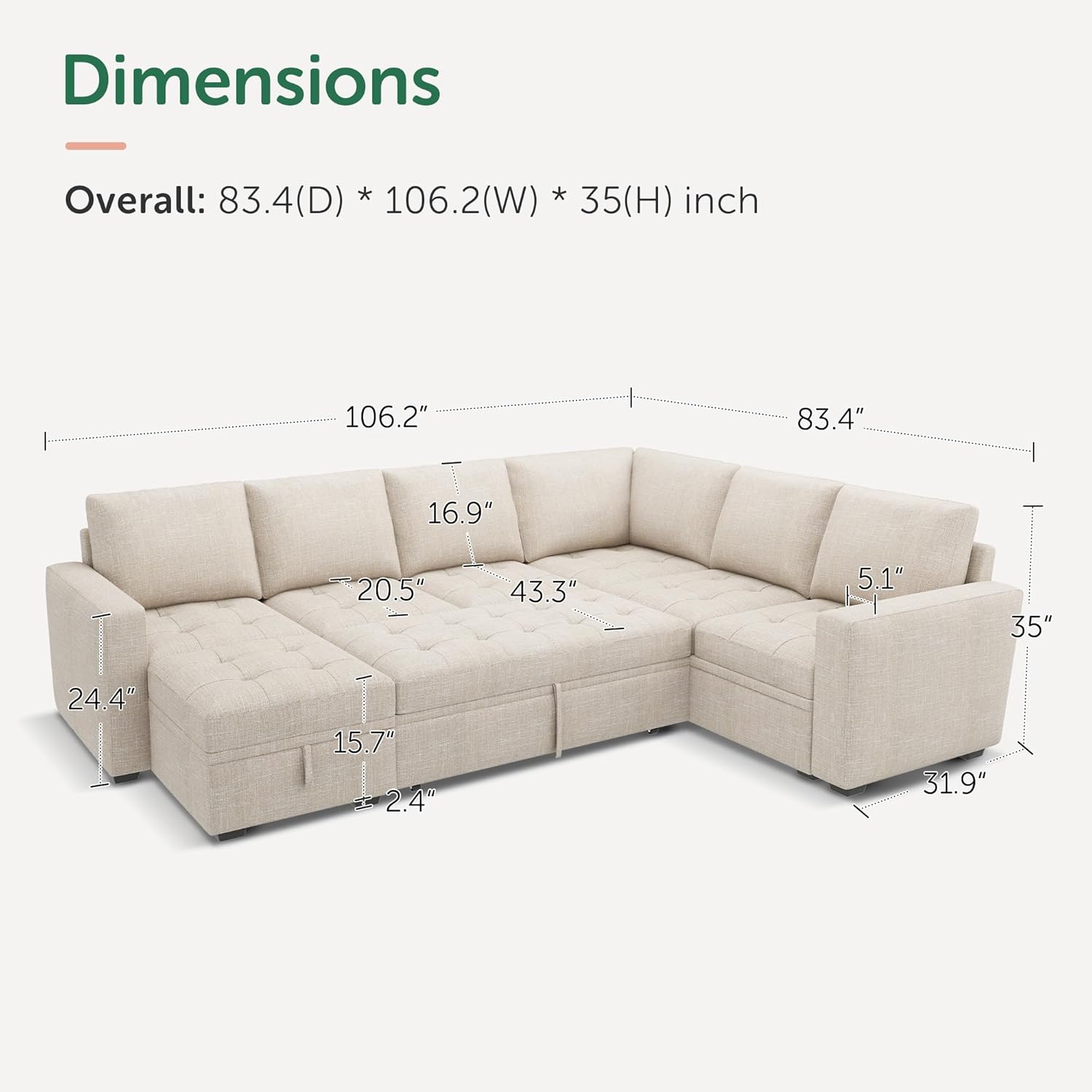 HONBAY Sectional Sleeper Sofa Couch with Pull Out Bed, Convertible L-Shaped Couch with Storage, Sleeper Sectional Sofa Bed for Living Room, Beige