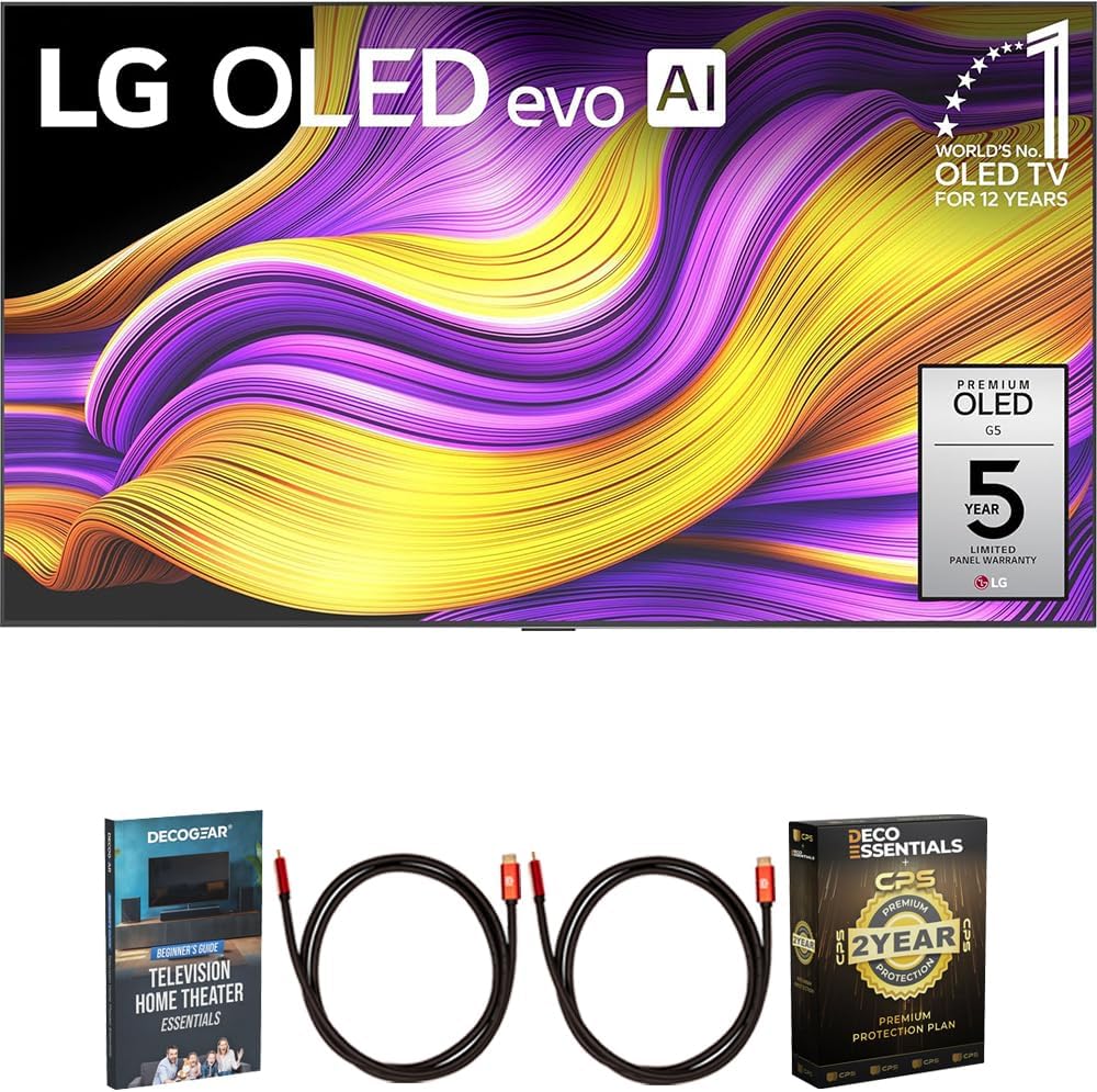 LG 65 Inch G5 Series OLED evo 4K UHD Smart webOS TV with One Wall Design 2025 OLED65G5WUA Bundle with Home Theater Guide, 2 HDMI Cables and Deco Essentials CPS 2 Year Premium Extended Protection Pack