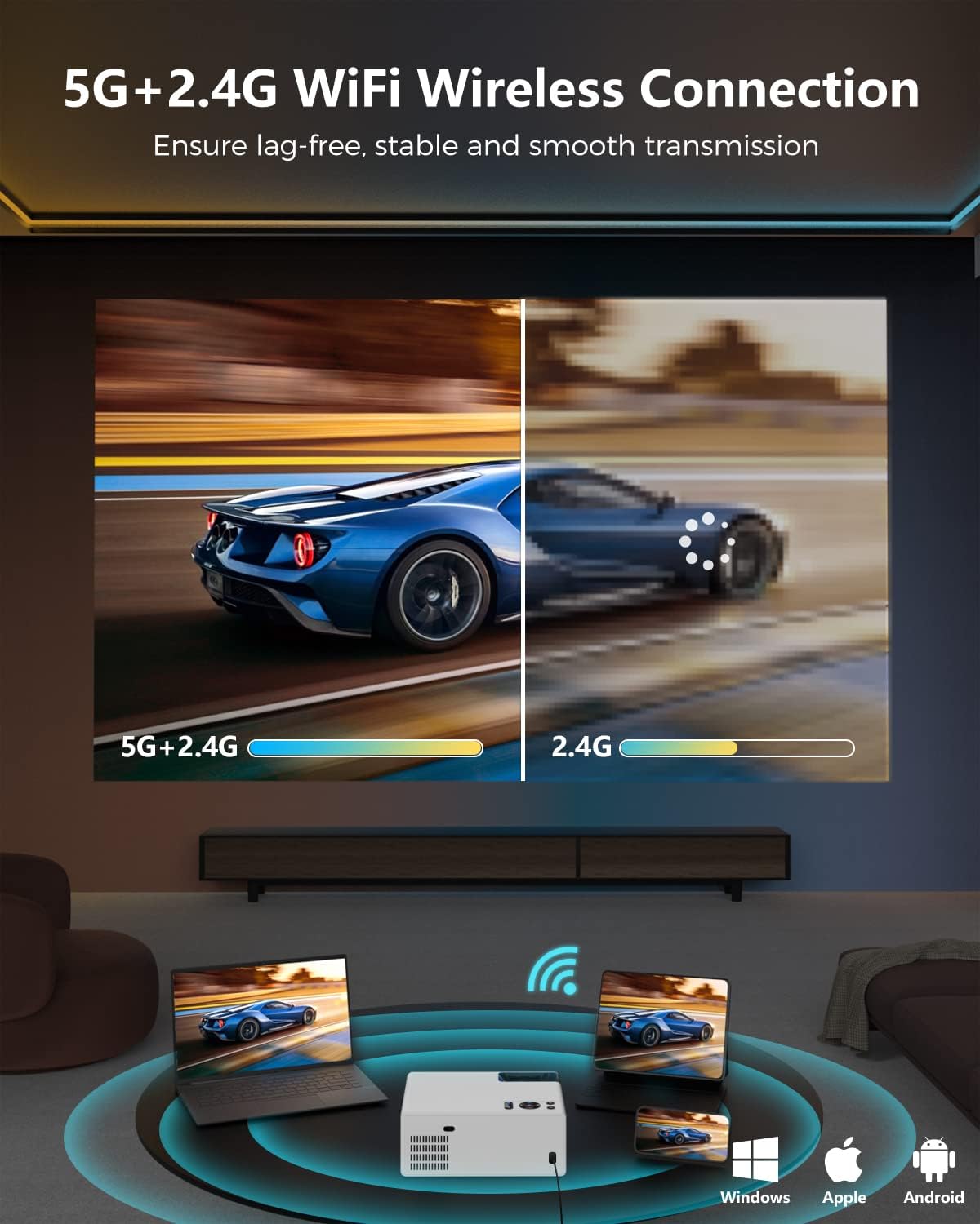 FUDONI Projector with WiFi and Bluetooth 4K Support, 300ANSI Outdoor Indoor Projector FHD 1080P Max 300