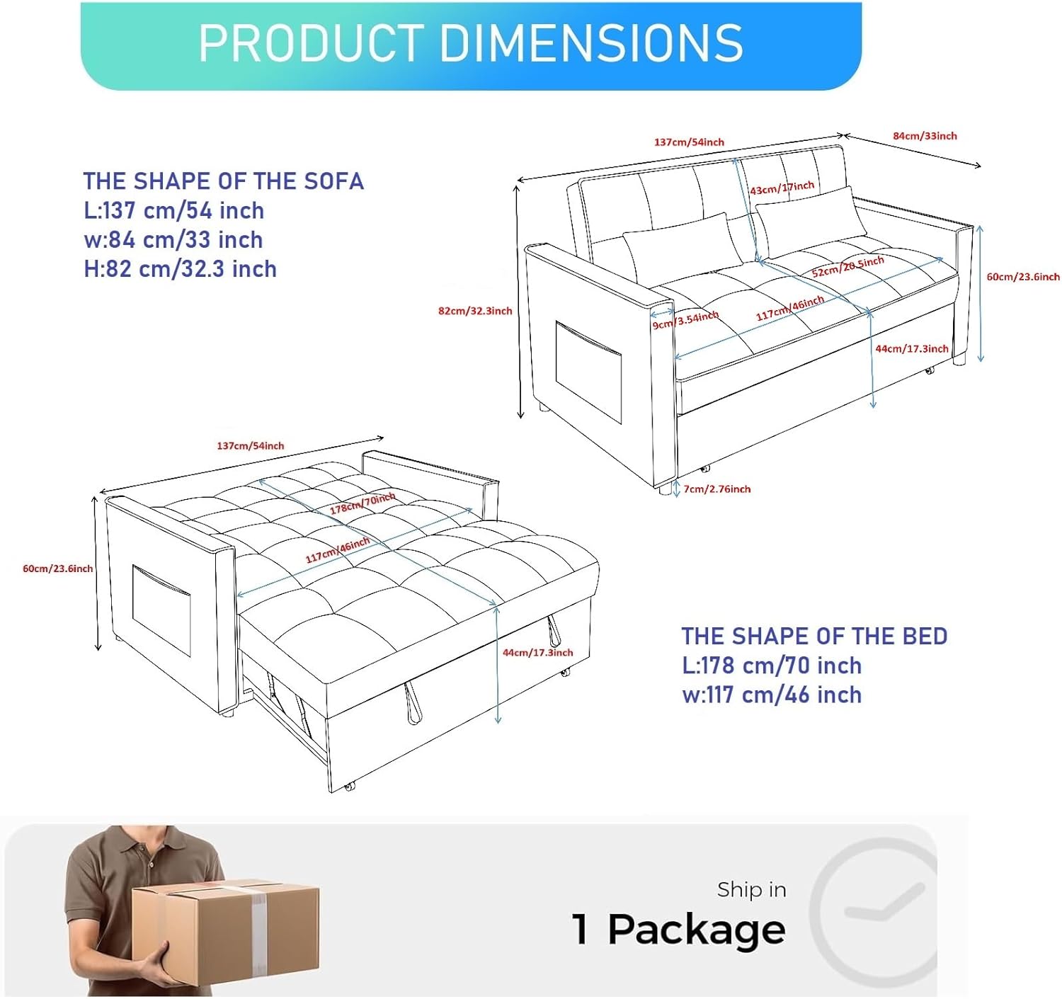 3 in 1 Convertible Sleeper Sofa Bed, 54'' Full Size Velvet Pull Out Futon Couch Recliner with Reclining Backrest & 2 Pillows, Small Loveseat Lounge Couches for Small Spaces (Black)