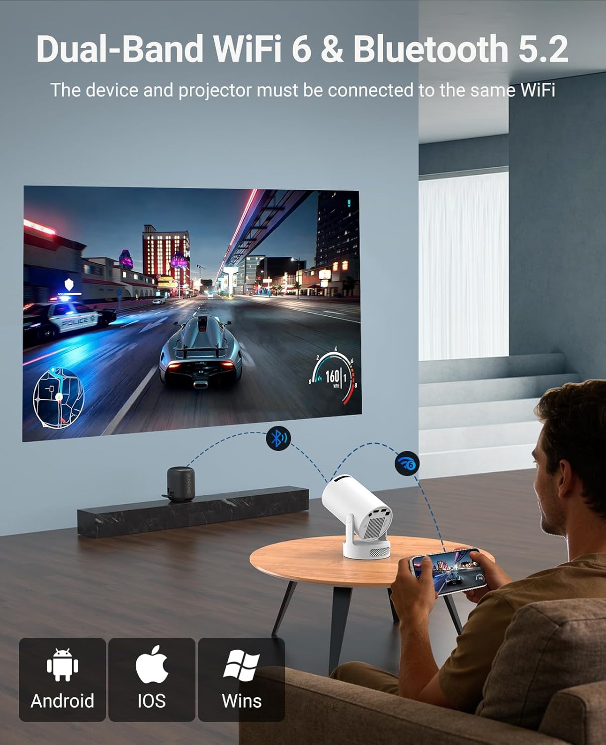 Mini Projector with WiFi and Bluetooth, Supports 4K 170 ANSI Auto Keystone Correction, 5W Soundbase Speaker, 210° Rotatable Portable Projector, 25