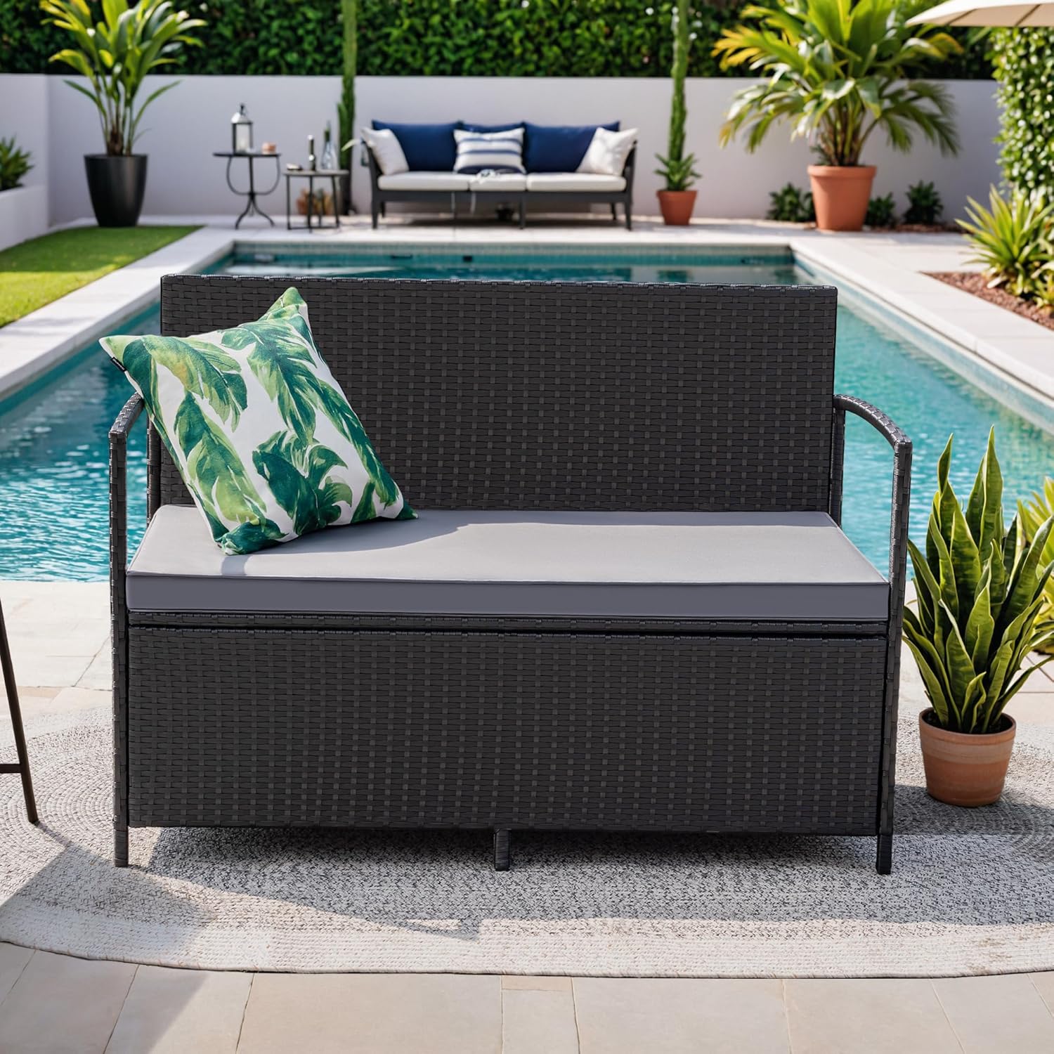 Greesum Patio Loveseat PE Rattan Wicker Outdoor Furniture with Soft Cushions & Built-in Storage Space for Lawn Garden Backyard, Black