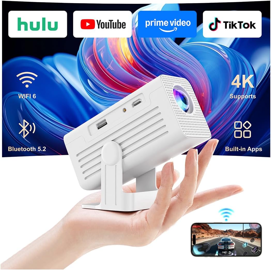 [Smart Projector with Apps] 4K Supported Mini Projector with Wifi and Bluetooth, XENPONAD Movie Projector for Bedroom Ceiling, Camping & Outdoor Use, Portable Projector with Speaker, Auto Keystone