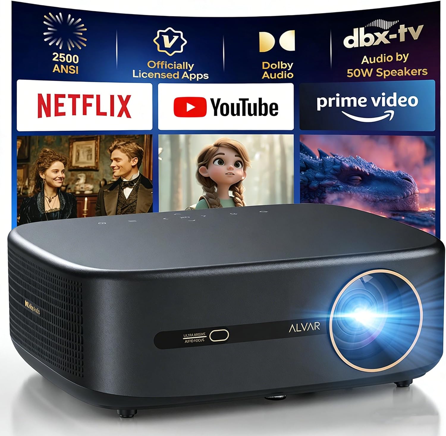 Alvar Smart Projector 2026 Upgraded, 2500 ANSI, 4K Supported, Built-in Netflix App, Dolby Audio & 50W Speakers, Auto Focus, WiFi 6, Bluetooth 5.3, Home Theater & Outdoor Movie Projector, Black