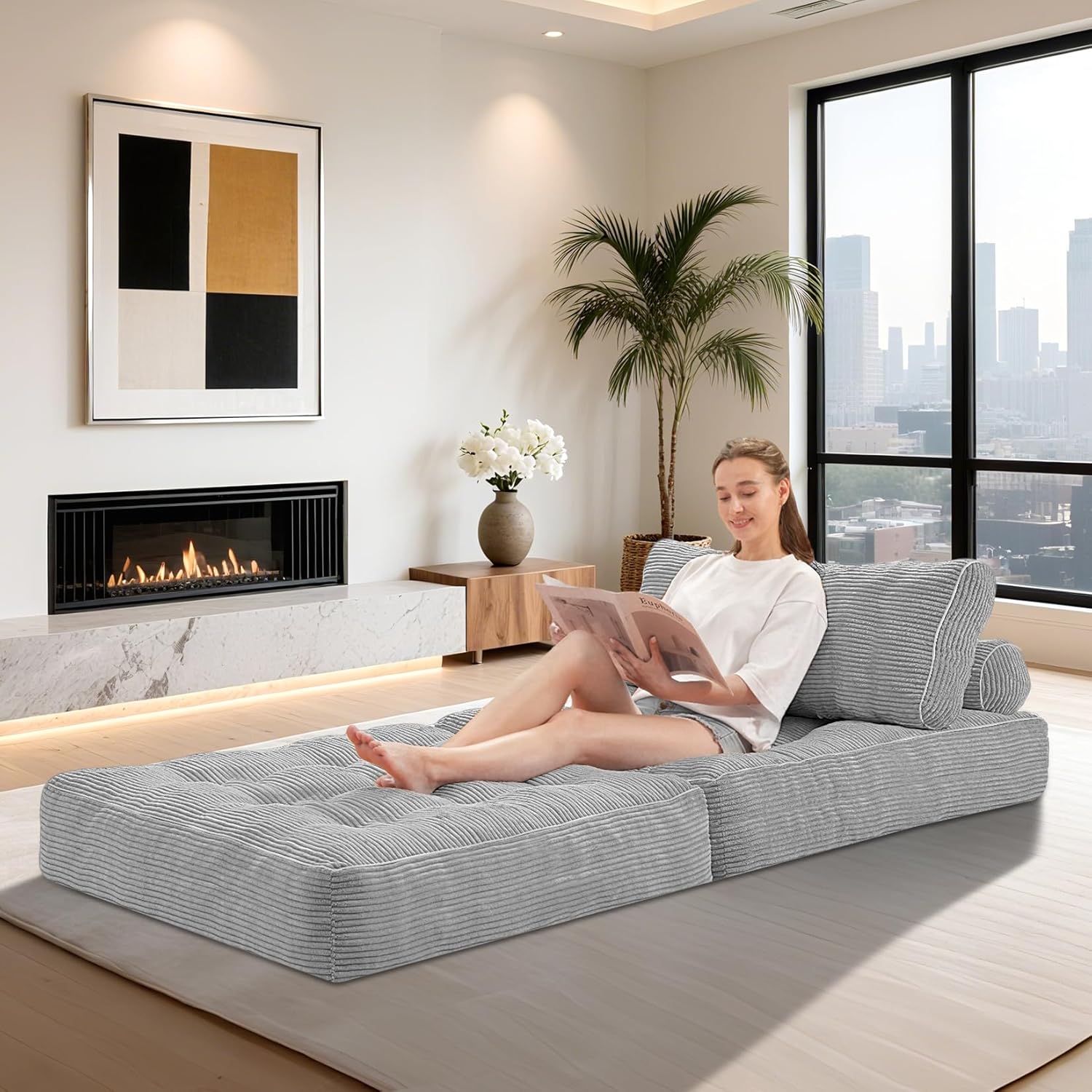 HABUTWAY Folding Sofa Bed, Convertible Sleeper Chair Bed with Dual Pillows & Handle, Foldable Floor Sofa Lounge with Back Support for Living Room, Bedroom, Apartment, Office, Single, Light Grey