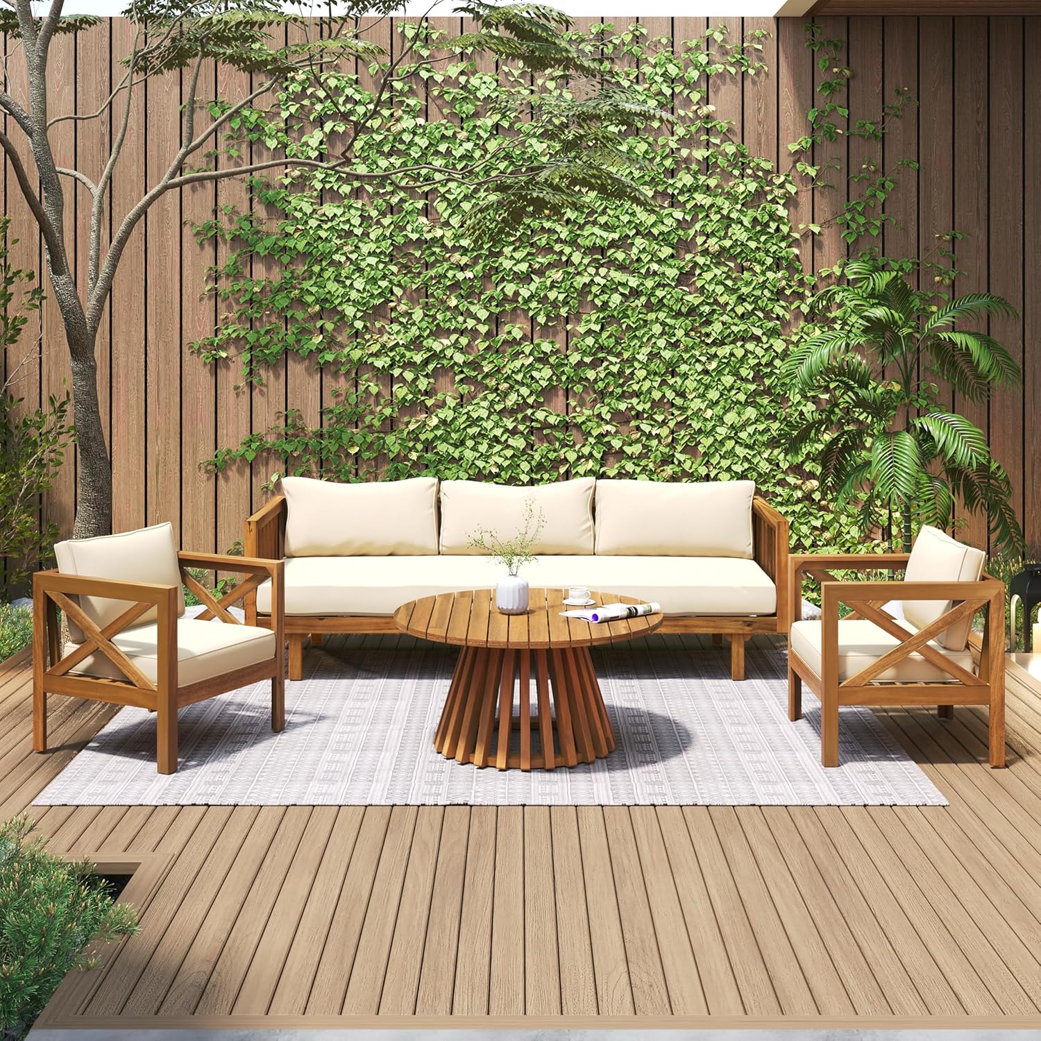 Merax Outdoor 4-Piece Acacia Wood Conversation Set - Patio 3-Seat Loveseat Sofa with Cushions, 2 Armchairs and Round Coffee Table for Backyard, Lawn, Balcony, Teak + Beige