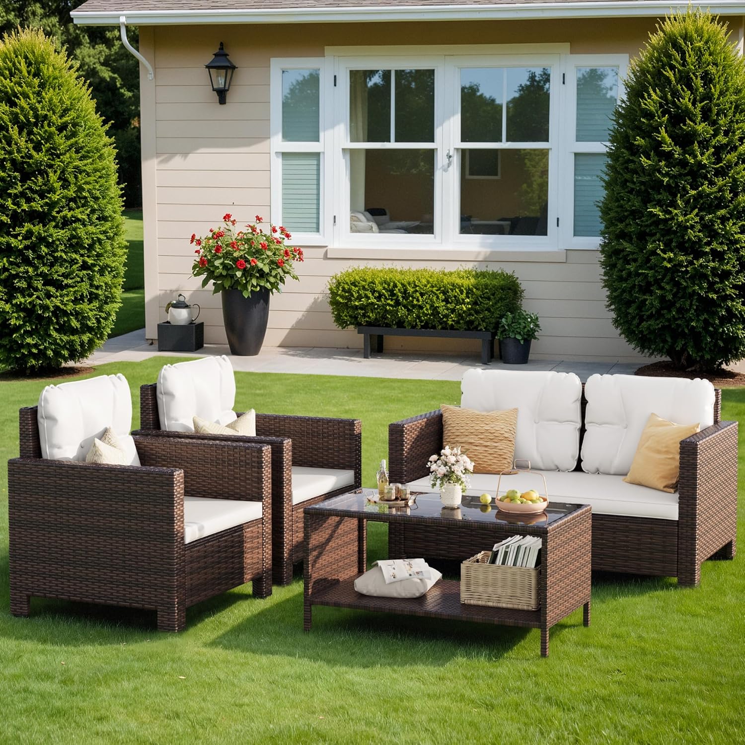 Homall 4 Pieces Patio Furniture Sets Rattan Chair Wicker Conversation Sofa Set, Suitable for Outdoor Indoor Backyard Porch Garden Poolside Balcony Use (Beige)